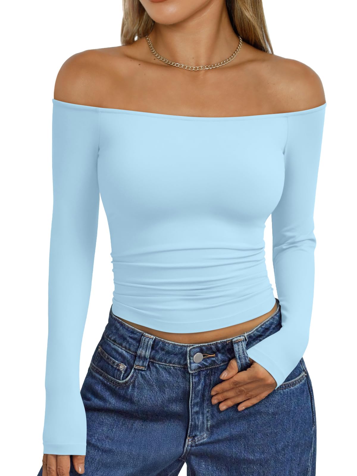 Trendy Queen Womens Long Sleeve Off The Shoulder Tops Going Out Cute Basic Y2K Fall Fashion 2026 Outfits Clothes