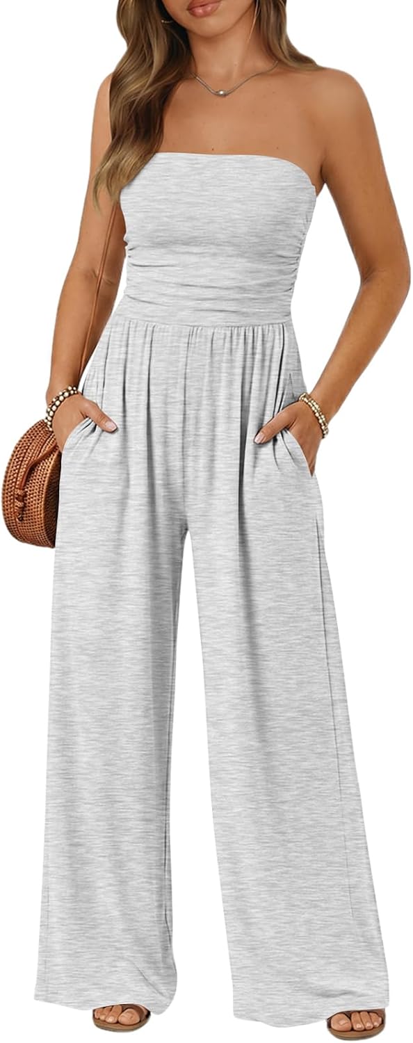 Trendy Queen Womens One Piece Strapless Jumpsuit 2026 Casual Ruched Tube Top Wide Leg Romper Beach Vacation Summer Outfits