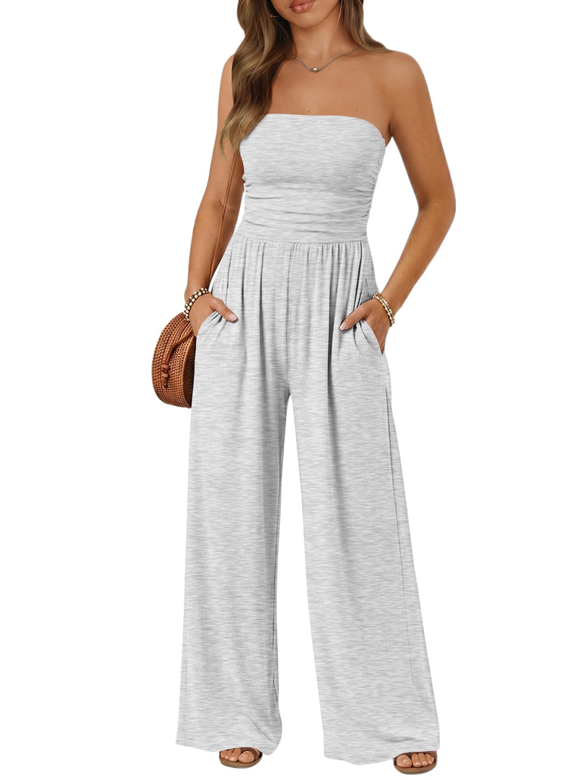 Trendy Queen Womens One Piece Strapless Jumpsuit 2026 Casual Ruched Tube Top Wide Leg Romper Beach Vacation Summer Outfits