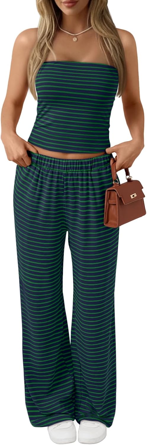 Trendy Queen Womens 2 Piece Lounge Sets Matching Summer Beach Vacation Outfits 2026 Striped Tube Tops Pants Travel Clothes