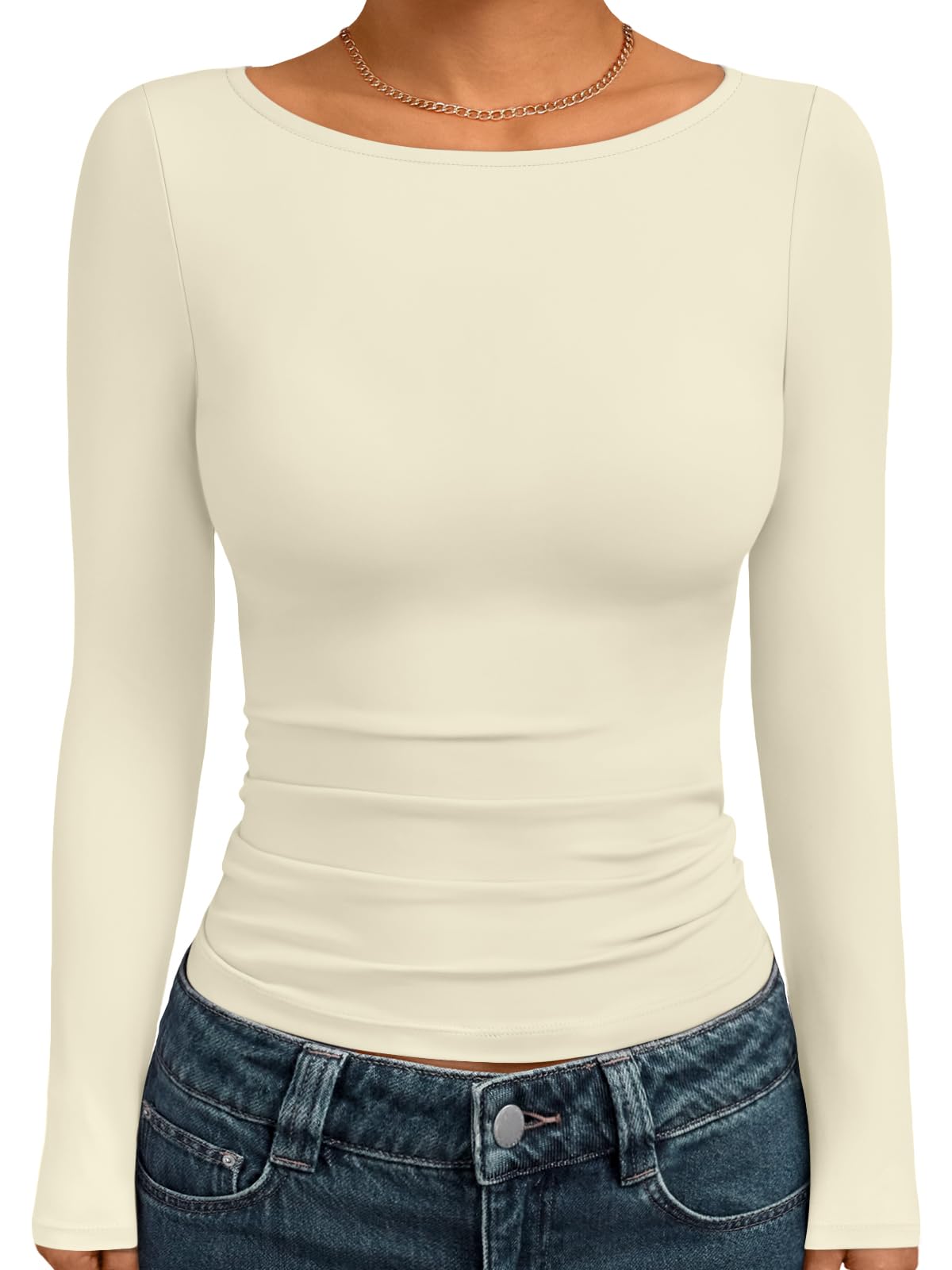Trendy Queen Women's Boat Neck Tops Long Sleeve Shirts Fitted Fall Basic Clothes