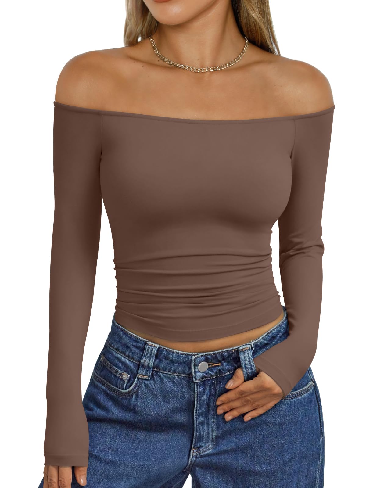 Trendy Queen Womens Long Sleeve Off The Shoulder Tops Going Out Cute Basic Y2K Fall Fashion 2026 Outfits Clothes