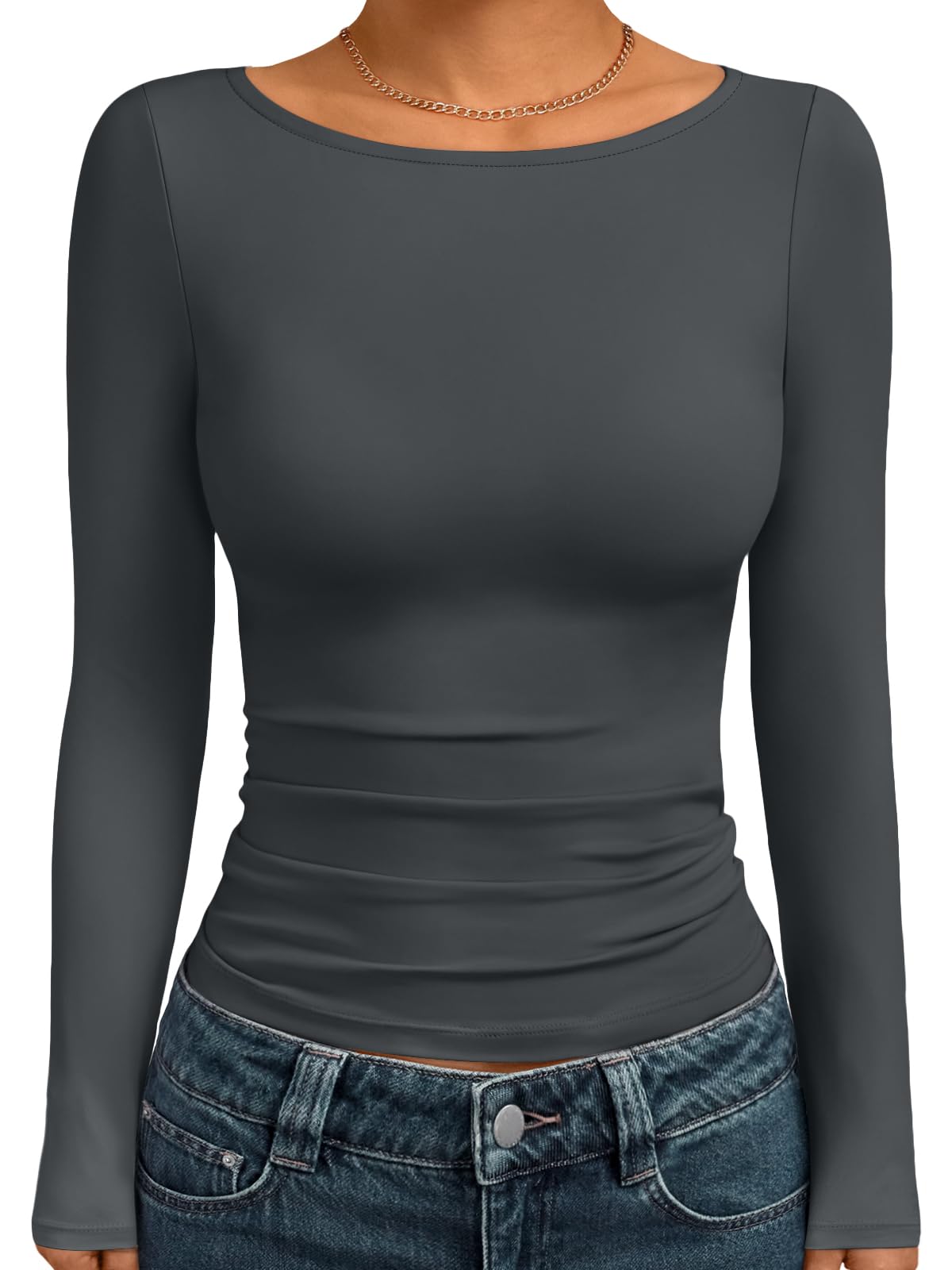 Trendy Queen Women's Boat Neck Tops Long Sleeve Shirts Fitted Fall Basic Clothes