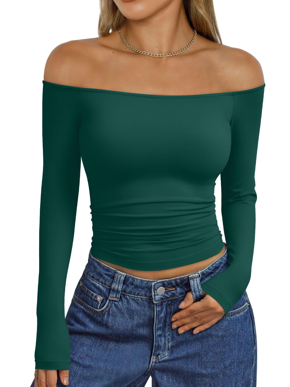 Trendy Queen Womens Long Sleeve Off The Shoulder Tops Going Out Cute Basic Y2K Fall Fashion 2026 Outfits Clothes