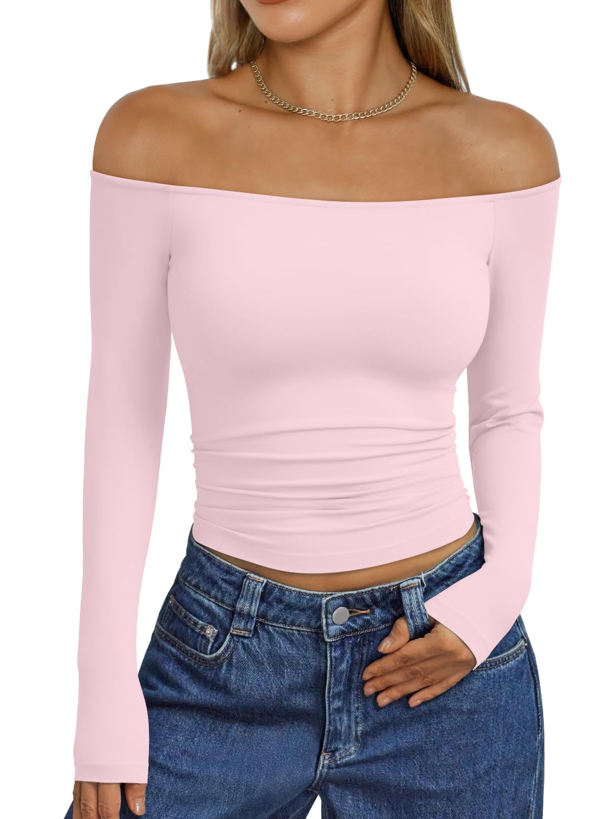 Trendy Queen Womens Long Sleeve Off The Shoulder Tops Going Out Cute Basic Y2K Fall Fashion 2026 Outfits Clothes