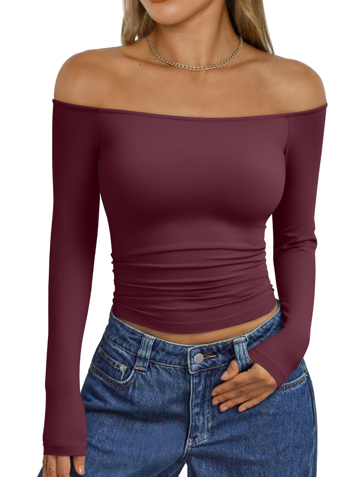 Trendy Queen Womens Long Sleeve Off The Shoulder Tops Going Out Cute Basic Y2K Fall Fashion 2026 Outfits Clothes