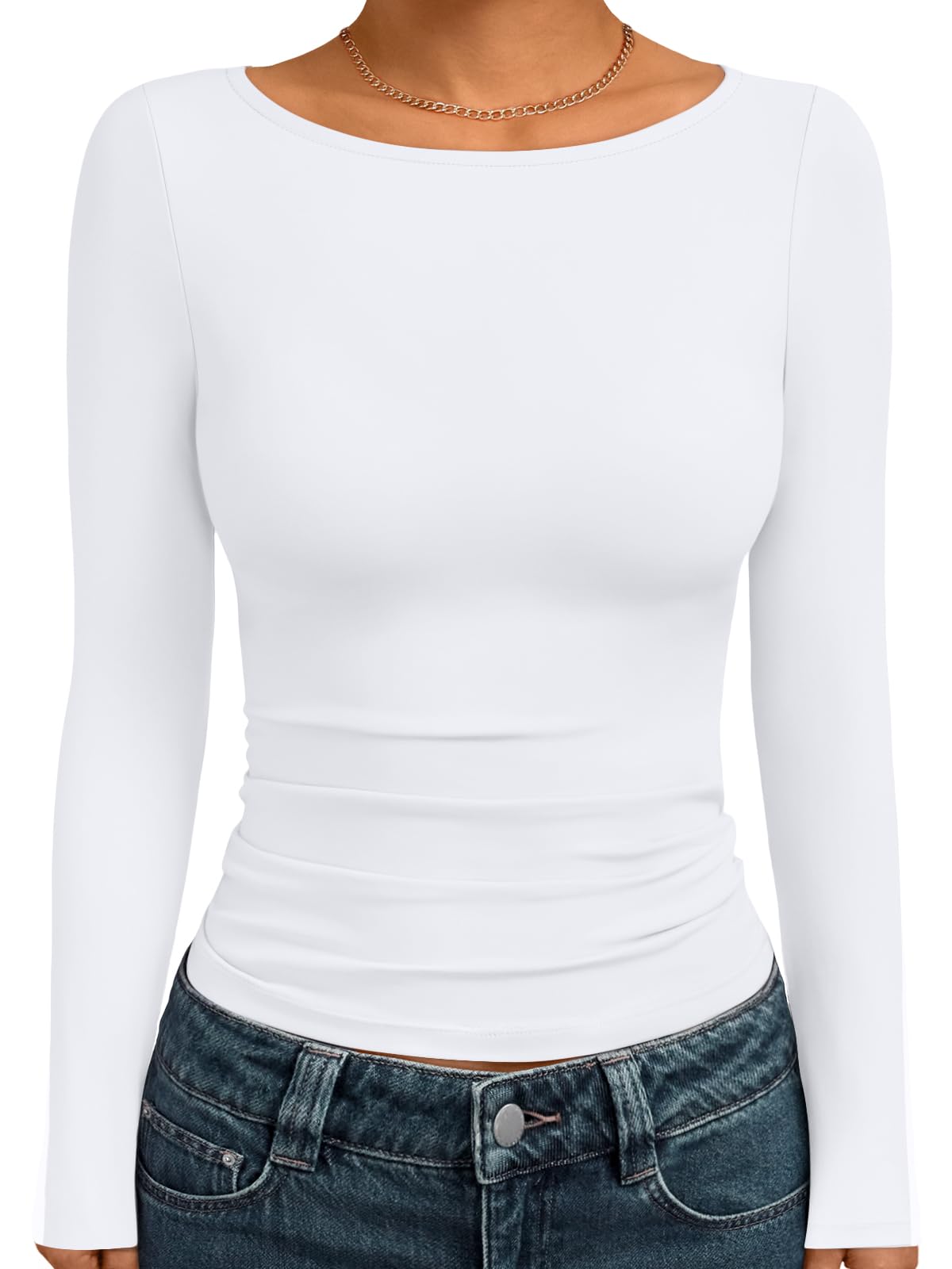 Trendy Queen Women's Boat Neck Tops Long Sleeve Shirts Fitted Fall Basic Clothes