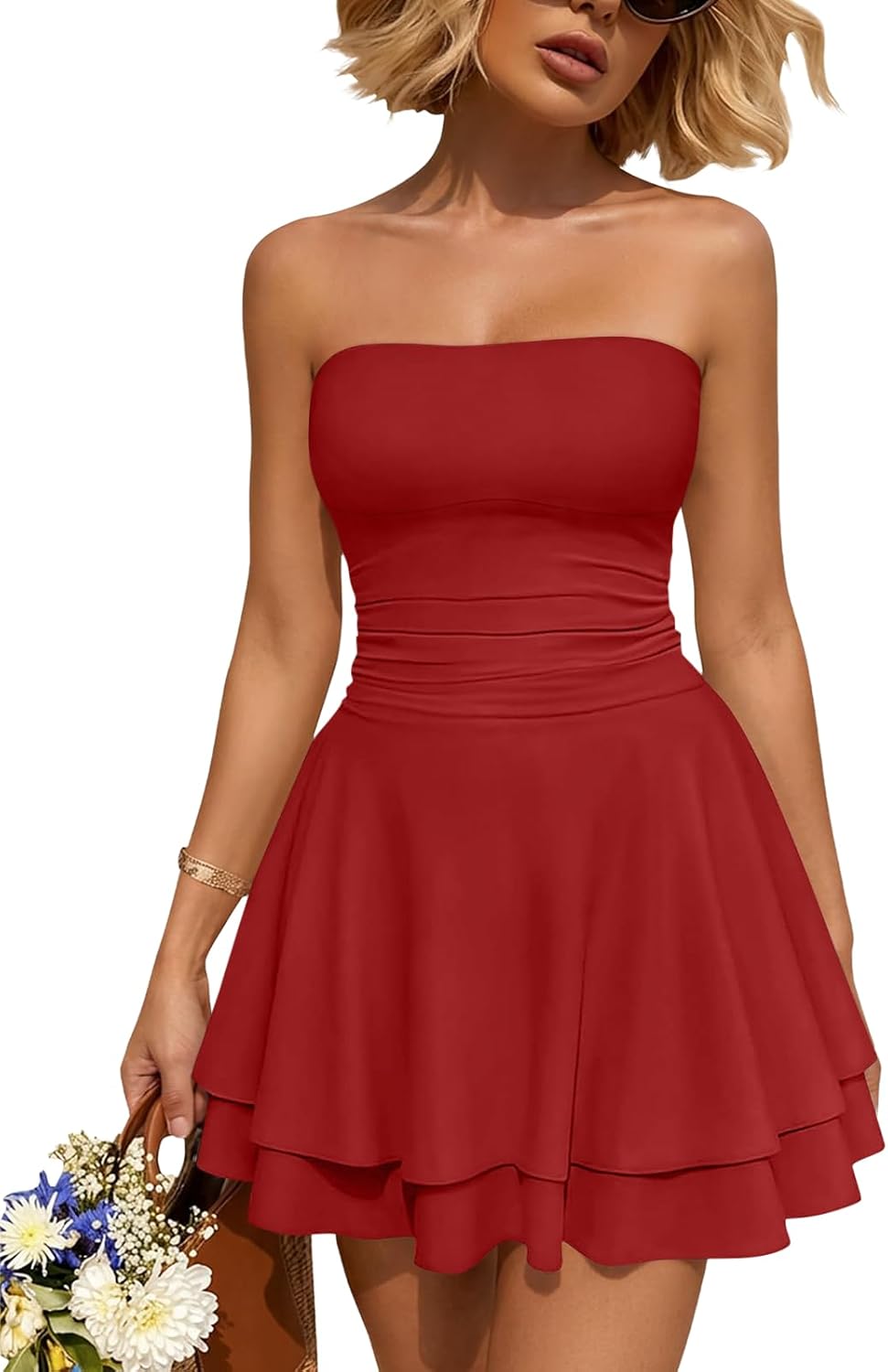 Trendy Queen Mini Dresses for Women Short Tube Top Dress Summer Date Night Outfits 2026 Ruffle Rompers Going Out