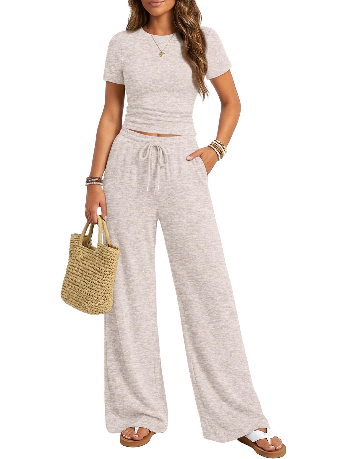 Trendy Queen Womens 2 Piece Lounge Matching Sets Wide Leg Pants Crew Neck Short Sleeve Shirt Sweatsuits