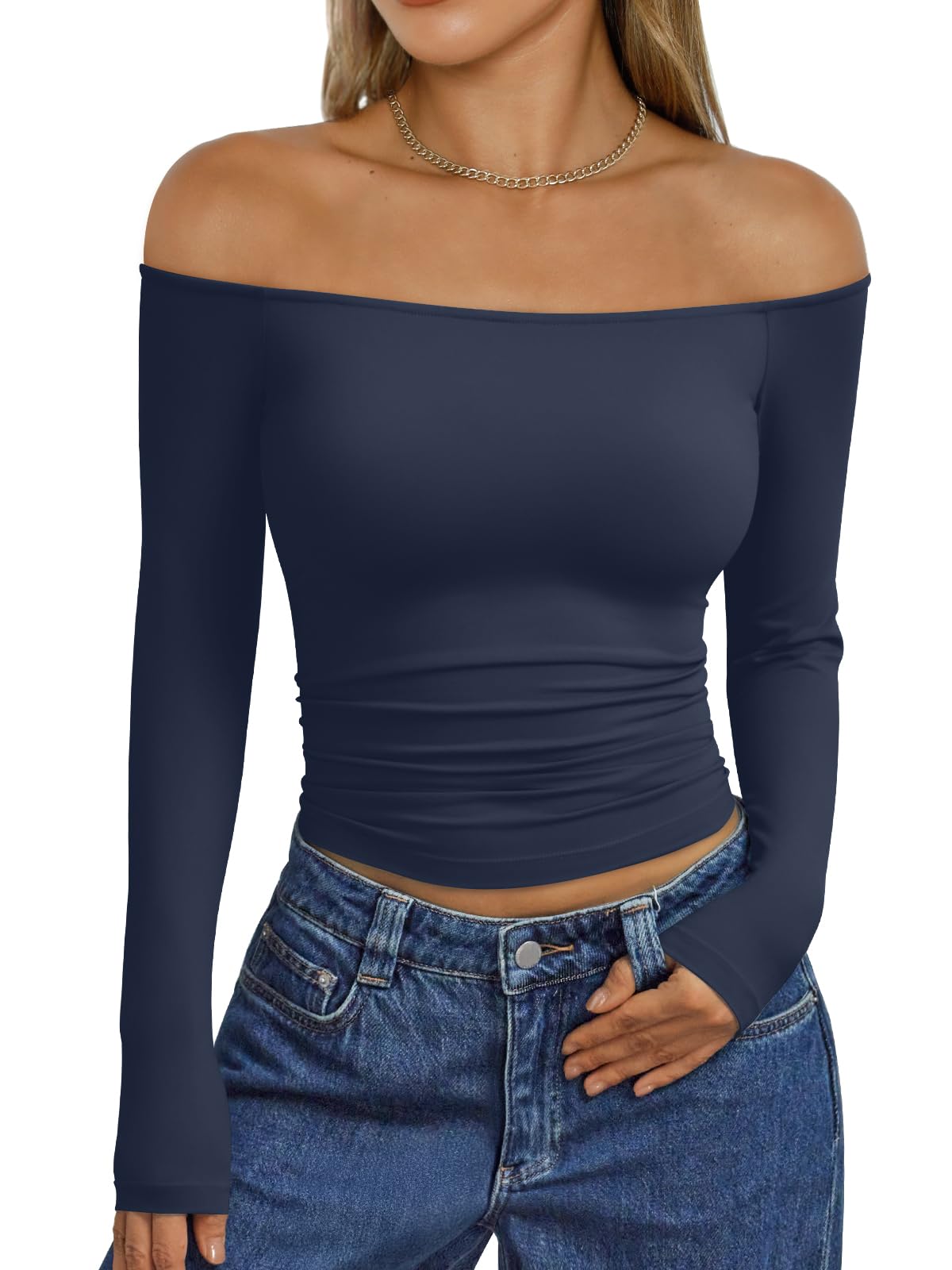 Trendy Queen Womens Long Sleeve Off The Shoulder Tops Going Out Cute Basic Y2K Fall Fashion 2026 Outfits Clothes