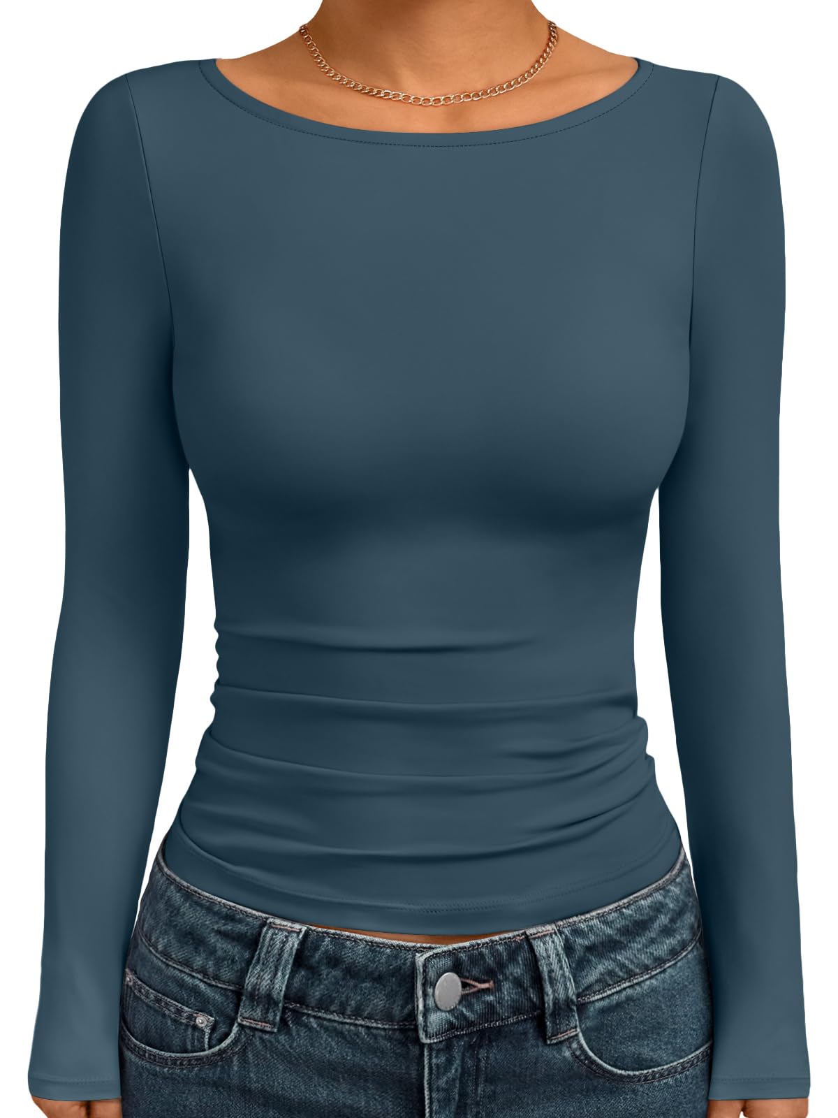 Trendy Queen Women's Boat Neck Tops Long Sleeve Shirts Fitted Fall Basic Clothes
