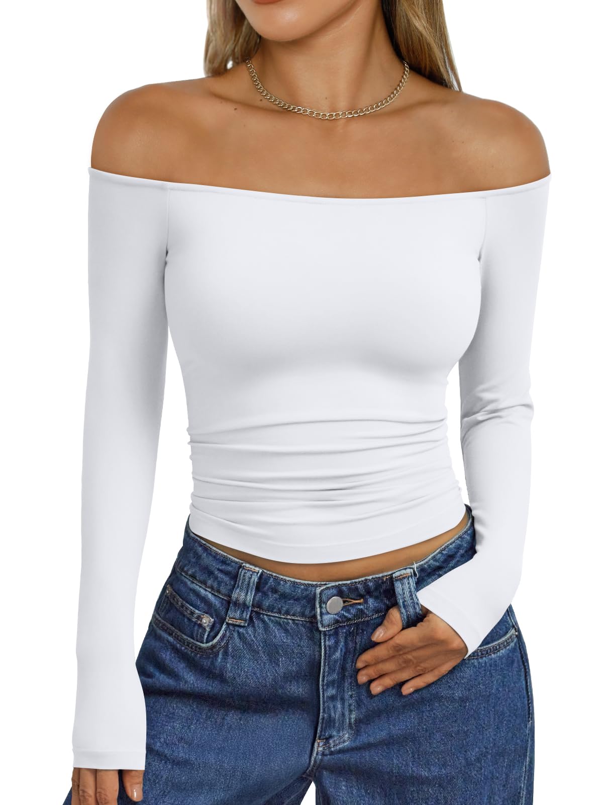 Trendy Queen Womens Long Sleeve Off The Shoulder Tops Going Out Cute Basic Y2K Fall Fashion 2026 Outfits Clothes