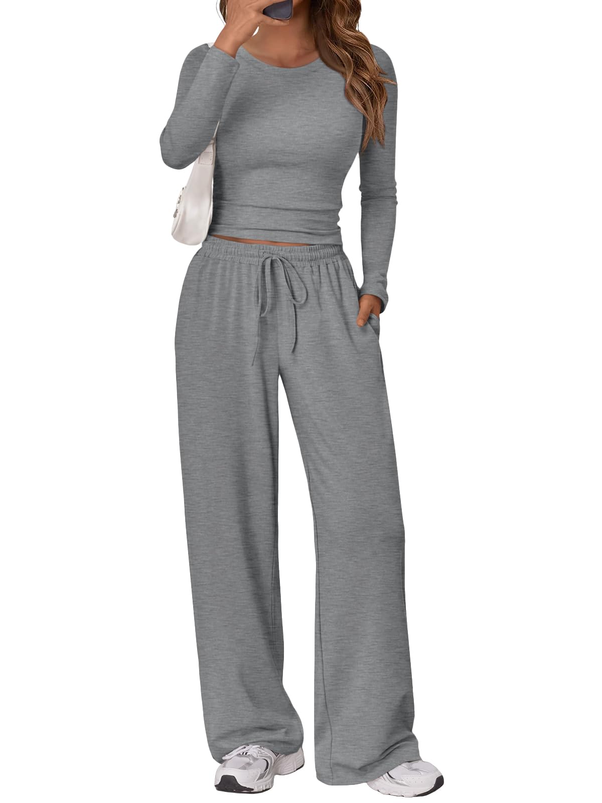 Trendy Queen Women's 2 Piece Matching Lounge Set Long Sleeve Side Ruching Top Wide Leg Drawstring Pants Set with Pockets