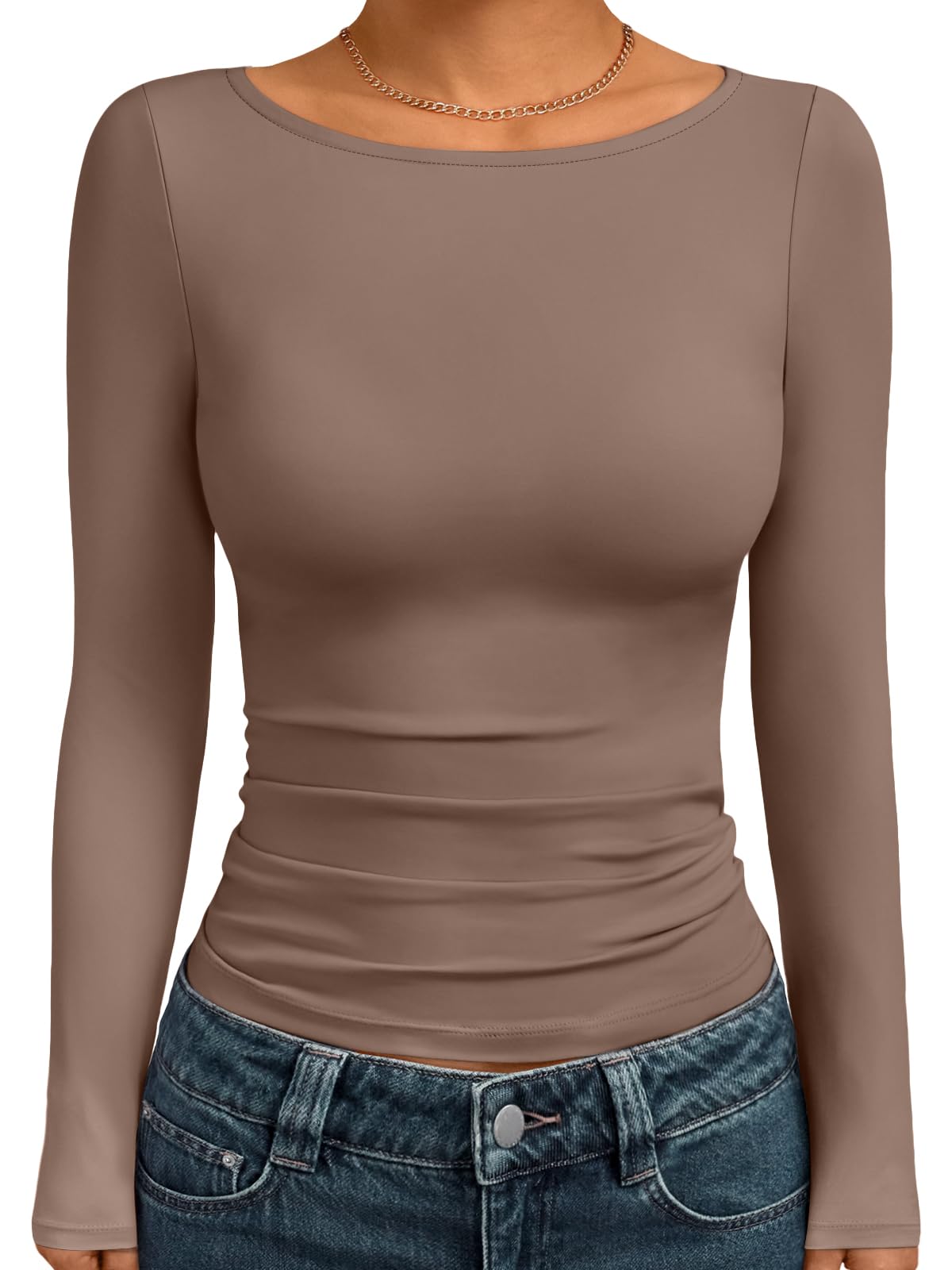 Trendy Queen Women's Boat Neck Tops Long Sleeve Shirts Fitted Fall Basic Clothes