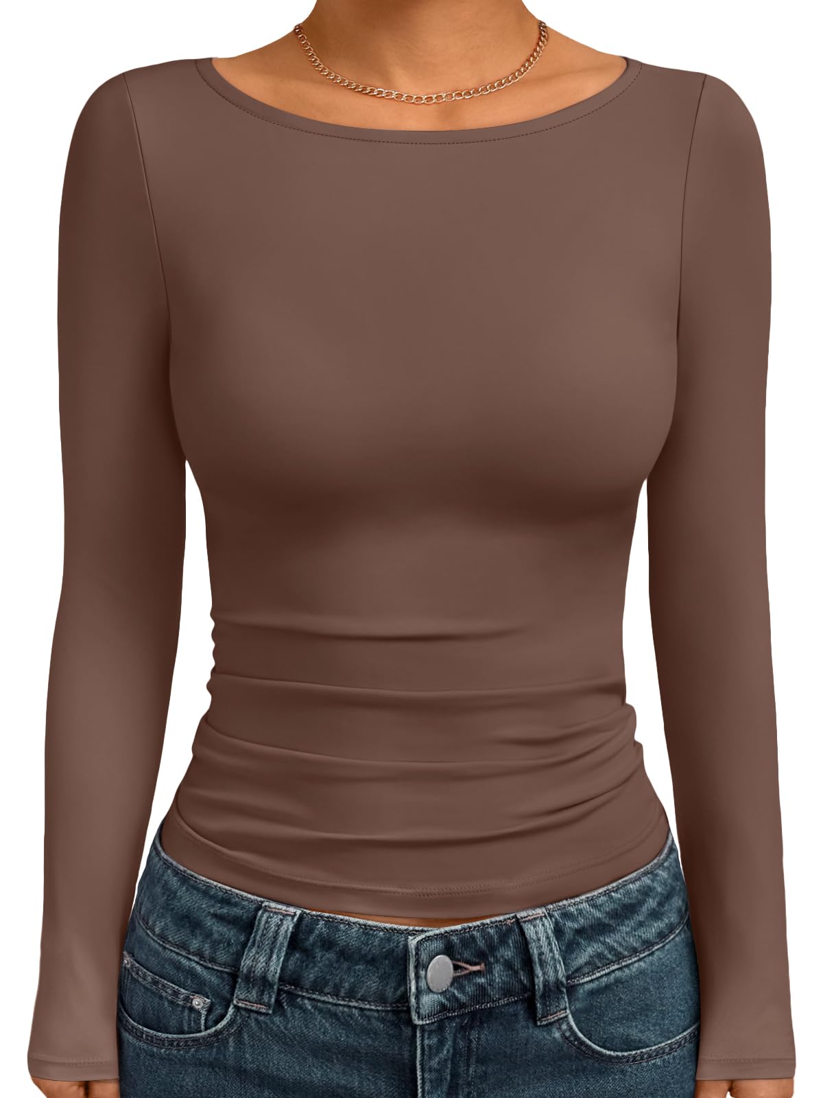 Trendy Queen Women's Boat Neck Tops Long Sleeve Shirts Fitted Fall Basic Clothes