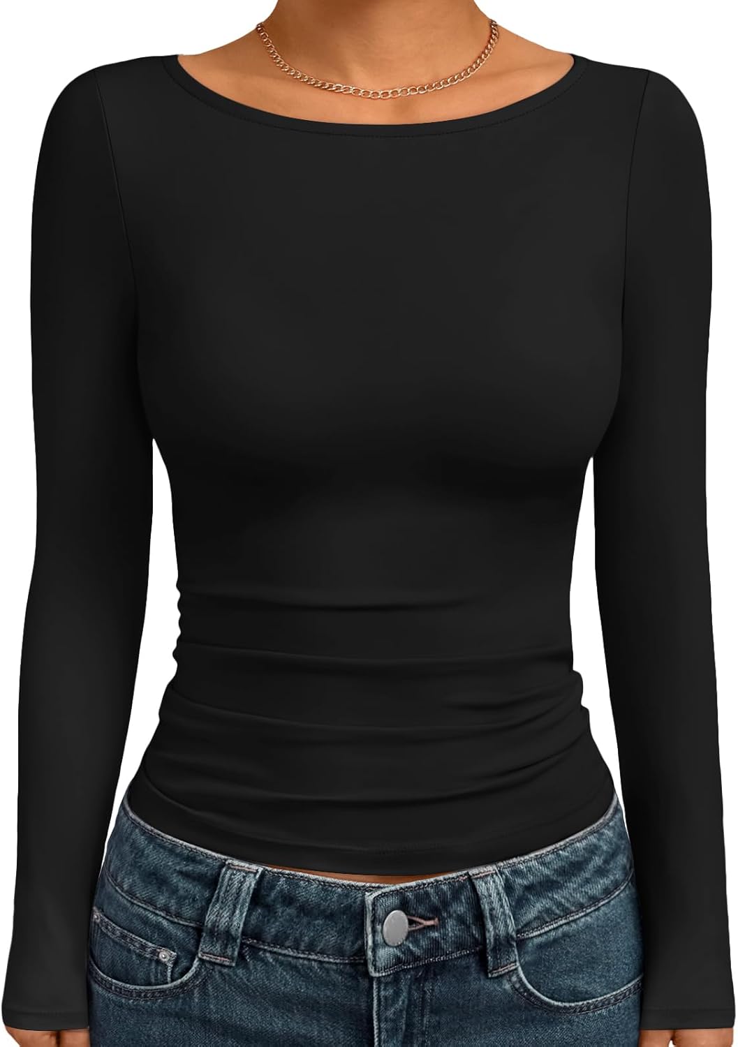 Trendy Queen Women's Boat Neck Tops Long Sleeve Shirts Fitted Fall Basic Clothes