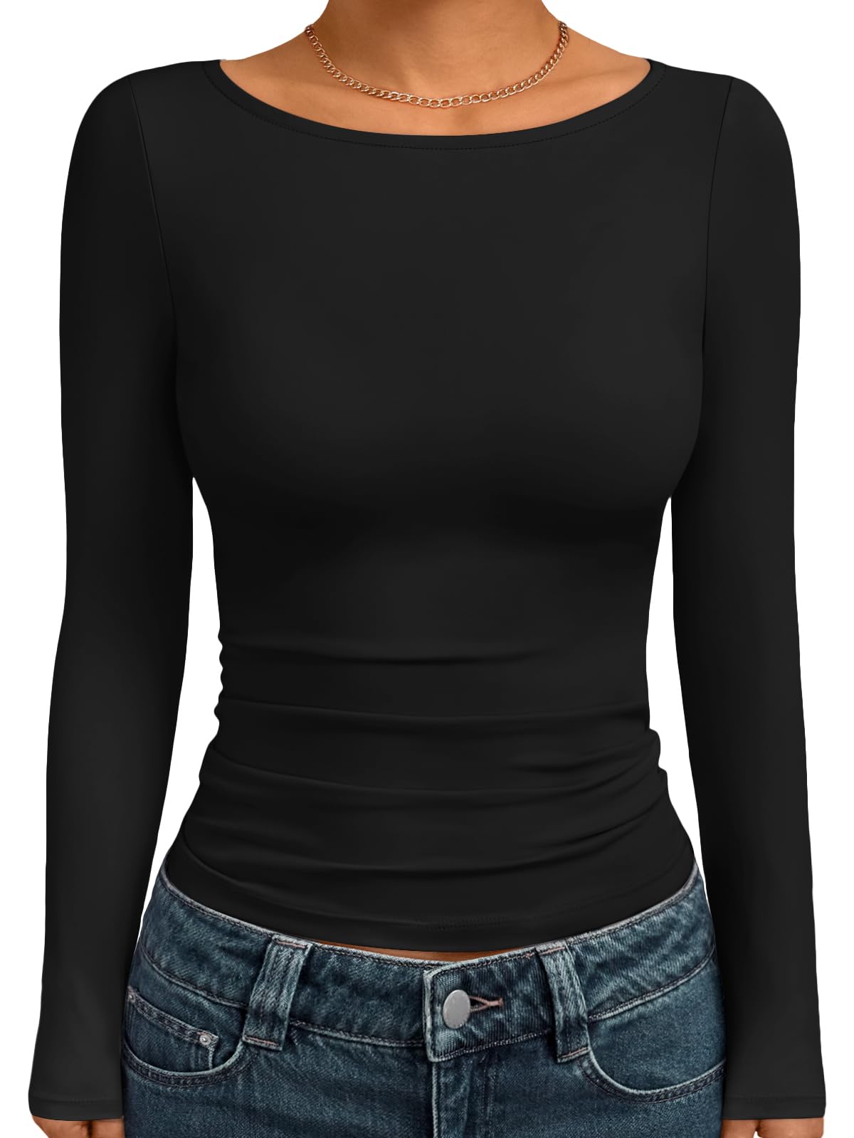 Trendy Queen Women's Boat Neck Tops Long Sleeve Shirts Fitted Fall Basic Clothes