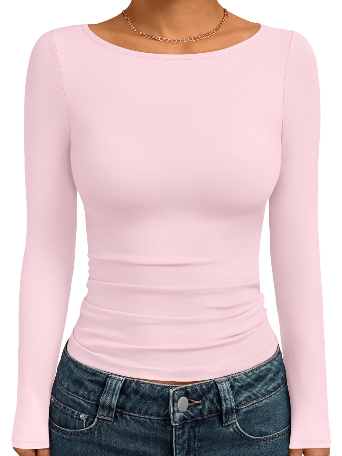 Trendy Queen Women's Boat Neck Tops Long Sleeve Shirts Fitted Fall Basic Clothes