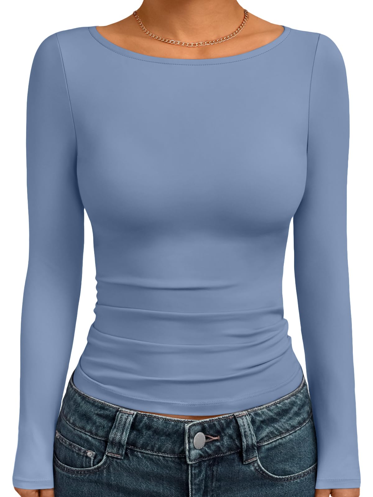 Trendy Queen Women's Boat Neck Tops Long Sleeve Shirts Fitted Fall Basic Clothes