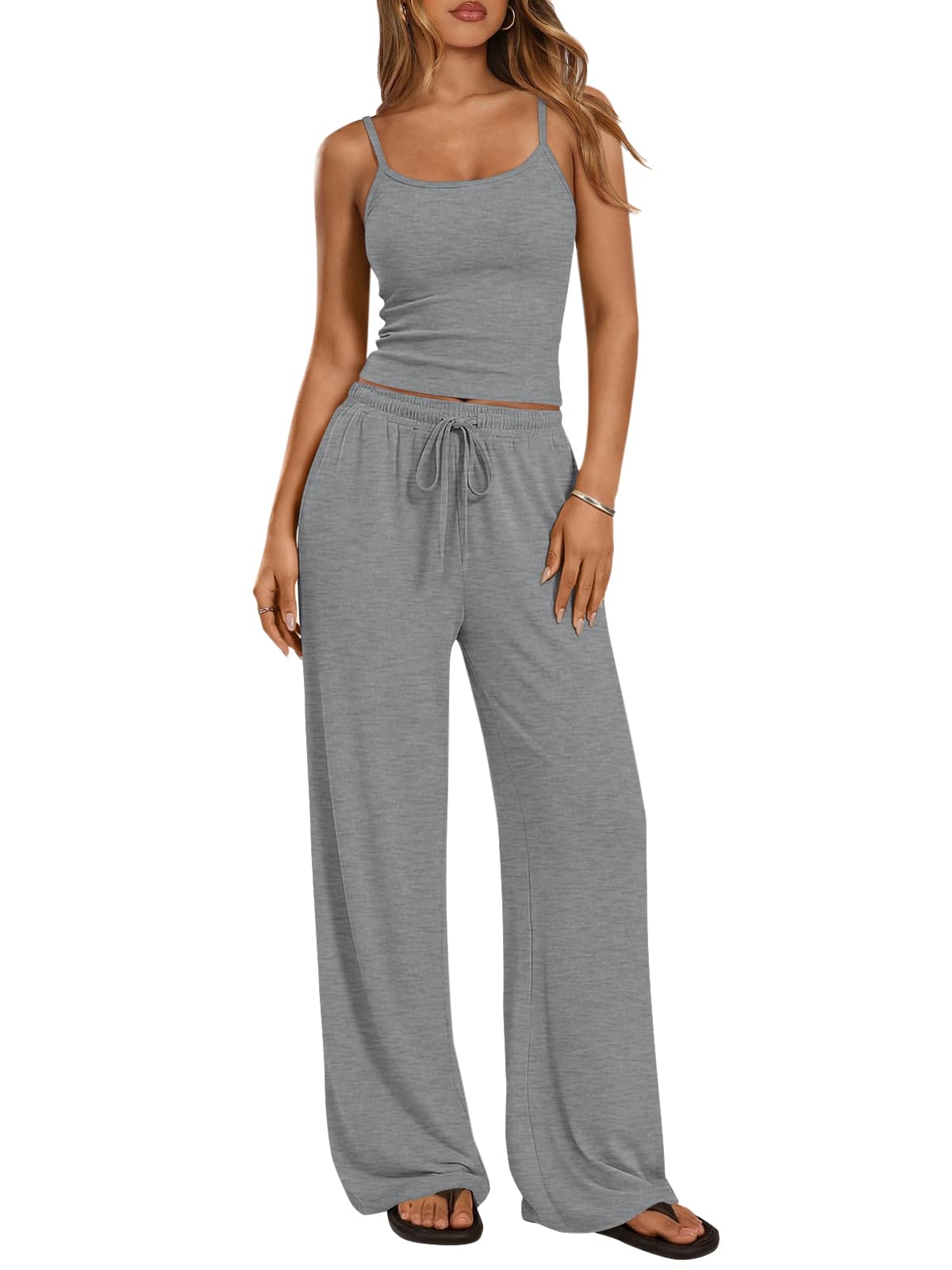 Trendy Queen Women's 2 Piece Lounge Set Spring Outfits - Camisole Top & Wide Leg Pants