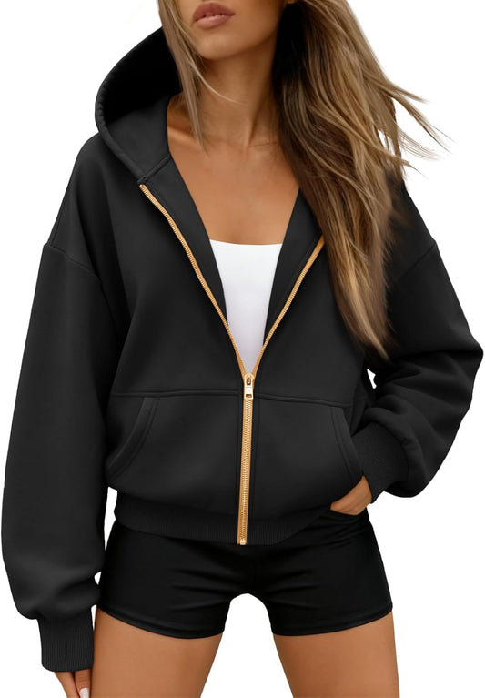 Trendy Queen Women's Zip Up Hoodie Fleece Lined Cropped Sweatshirt Y2K Oversized Fall Jacket