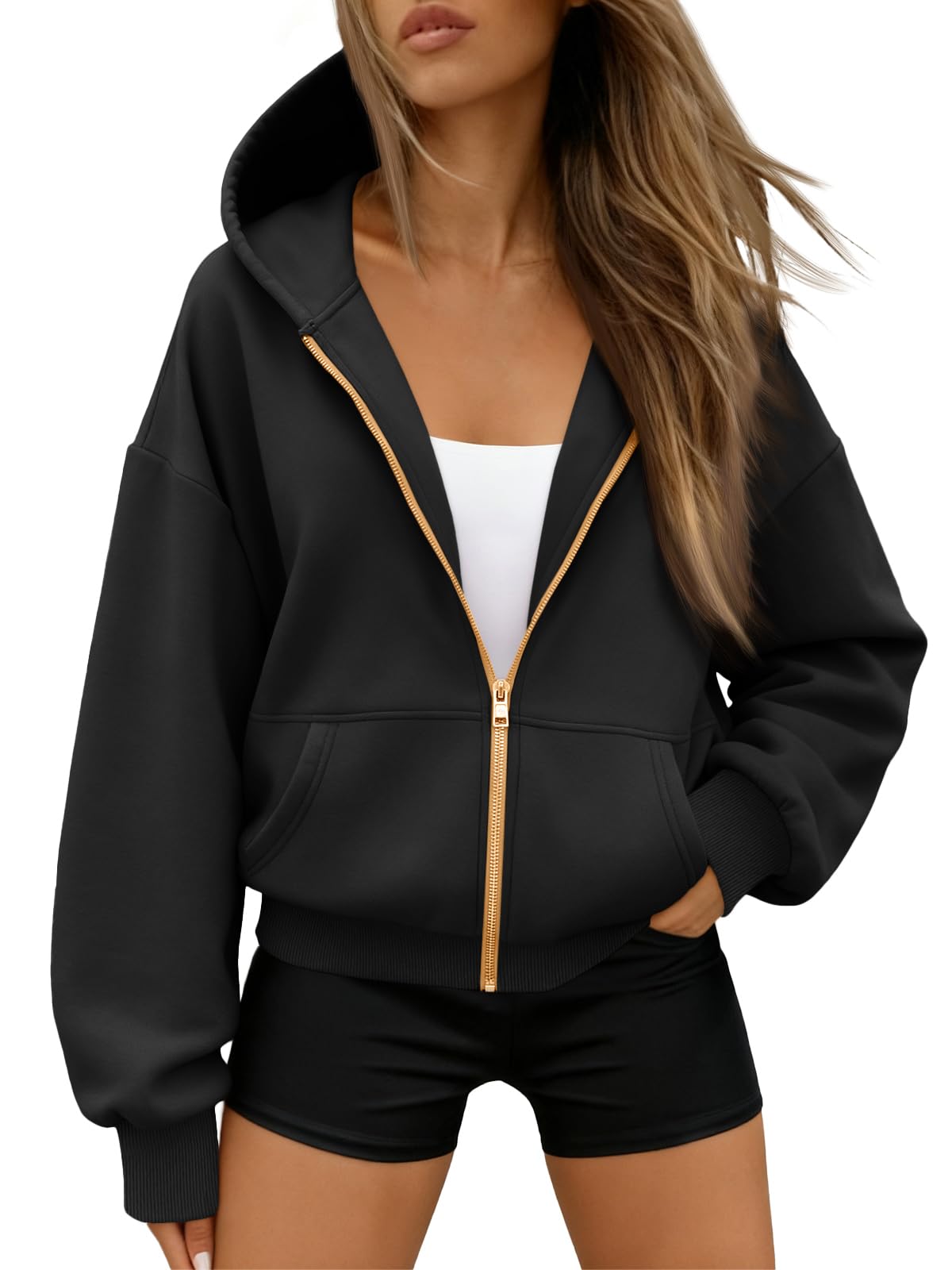 Trendy Queen Women's Zip Up Hoodie Fleece Lined Cropped Sweatshirt Y2K Oversized Fall Jacket