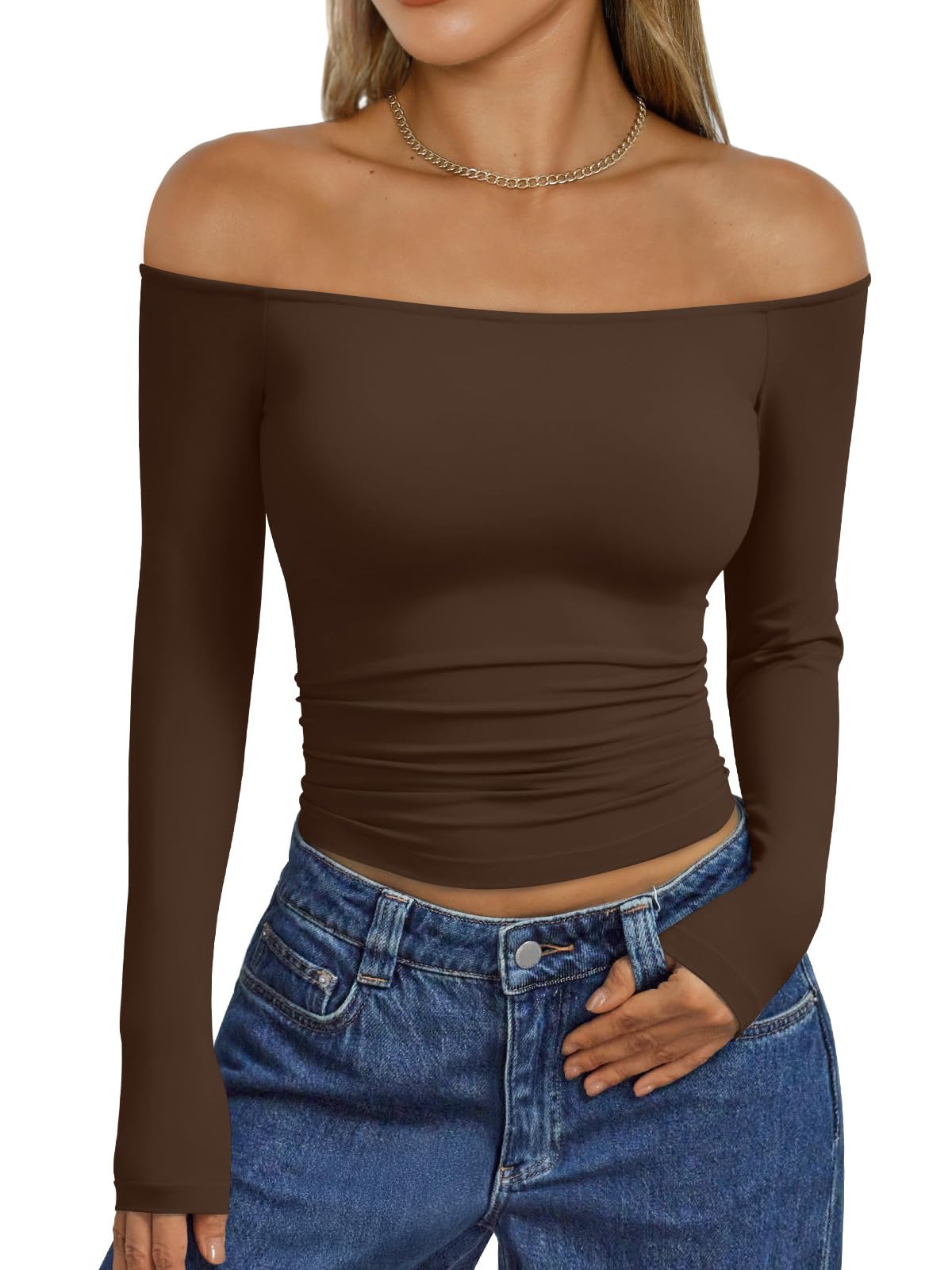 Trendy Queen Womens Long Sleeve Off The Shoulder Tops Going Out Cute Basic Y2K Fall Fashion 2026 Outfits Clothes