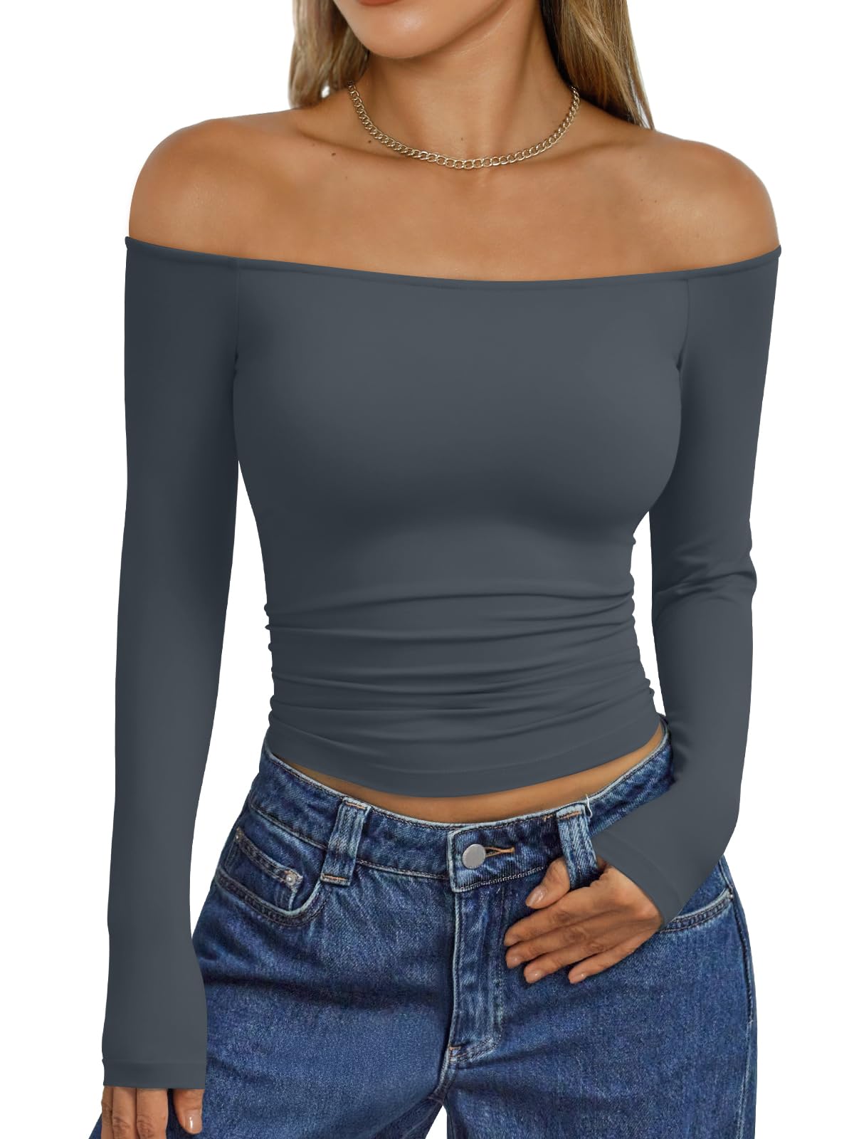 Trendy Queen Womens Long Sleeve Off The Shoulder Tops Going Out Cute Basic Y2K Fall Fashion 2026 Outfits Clothes
