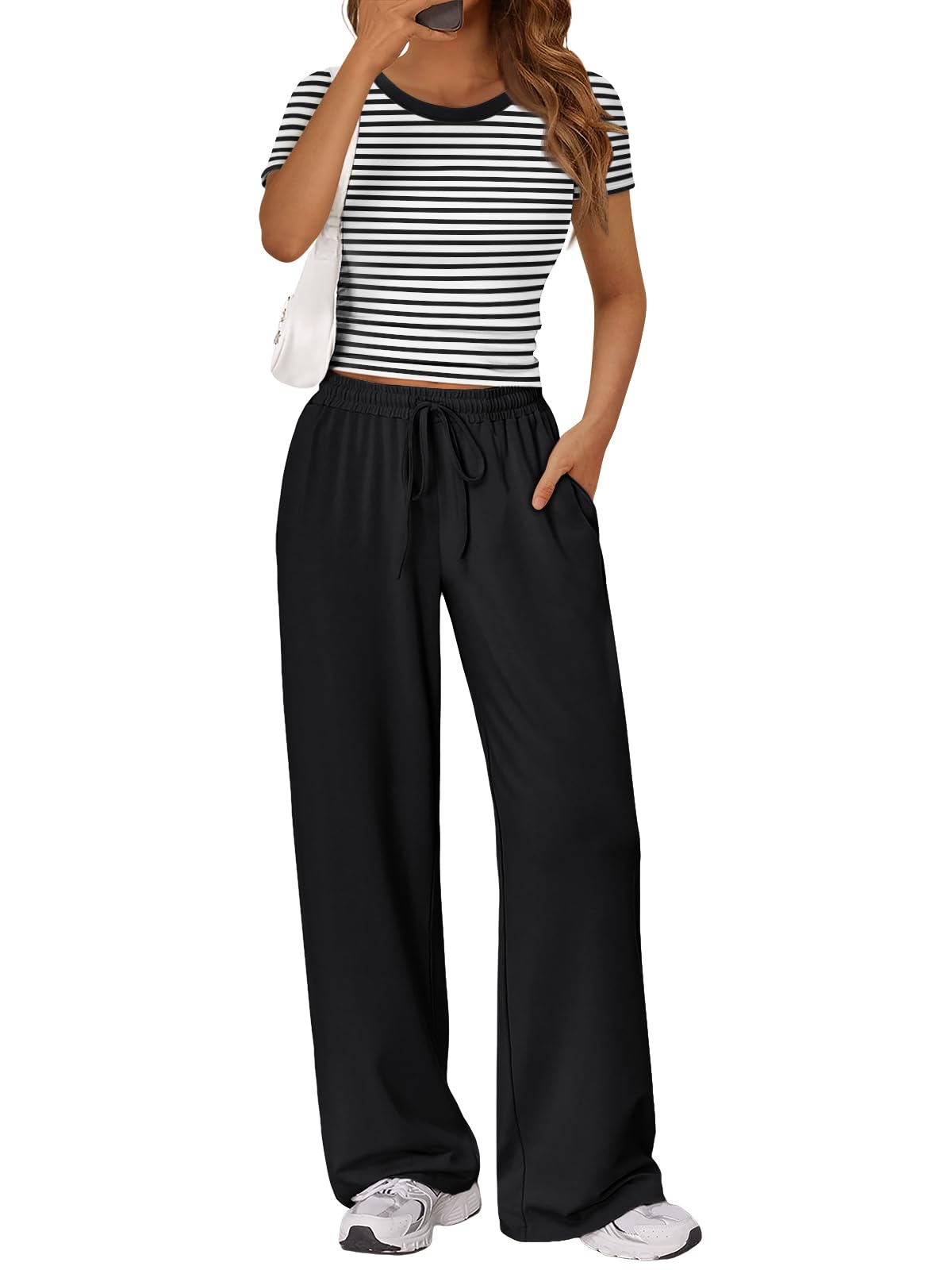 Trendy Queen 2 Piece Matching Summer Lounge Set Womens Side Ruching Top Wide Leg Pants Sets with Pockets