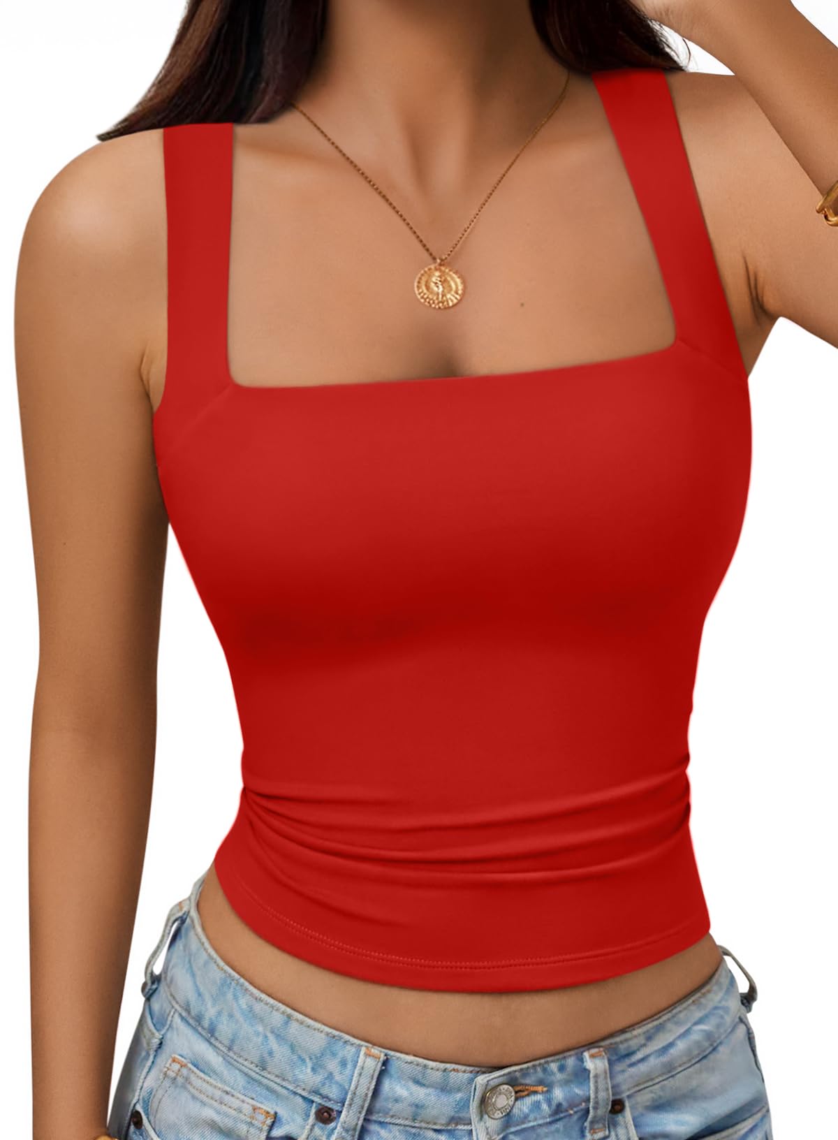 Trendy Queen Double Lined Square Neck Crop Top Women Teen Girls Buttery-Soft Sleeveless Basic Aesthetic Going Out Tank Top