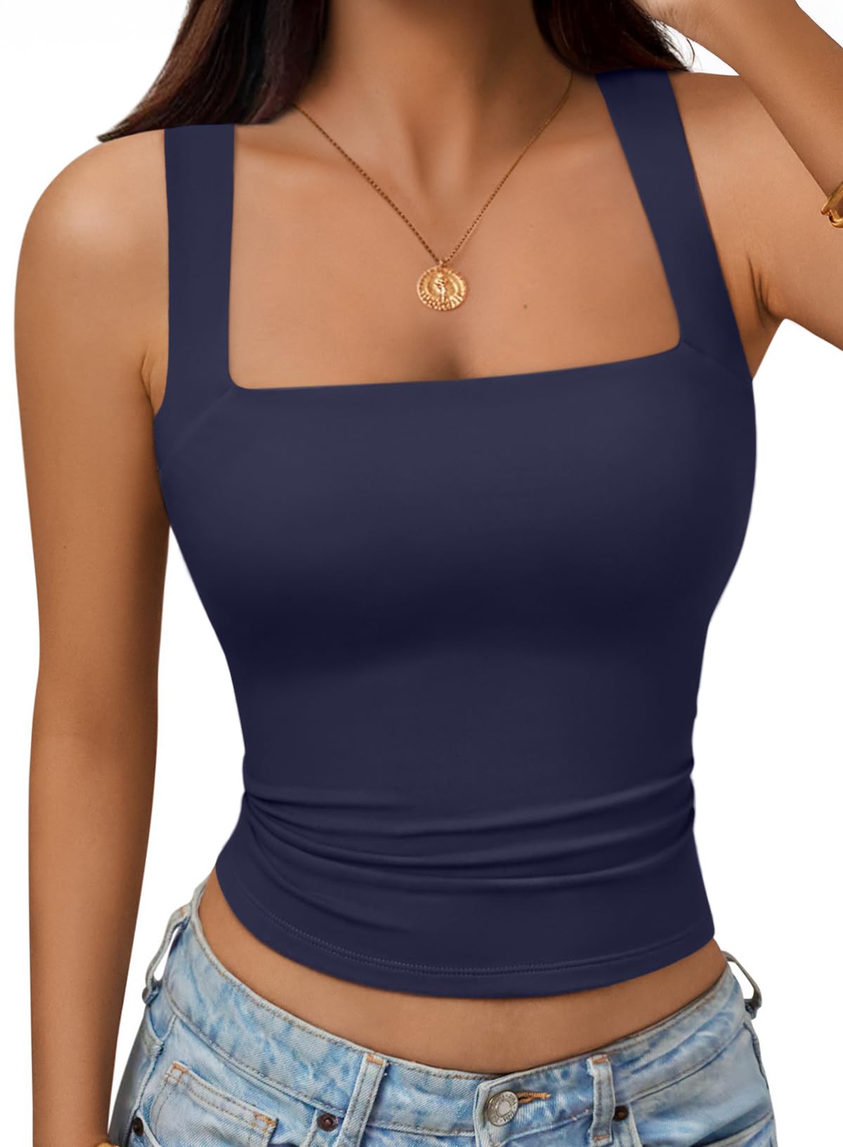 Trendy Queen Double Lined Square Neck Crop Top Women Teen Girls Buttery-Soft Sleeveless Basic Aesthetic Going Out Tank Top