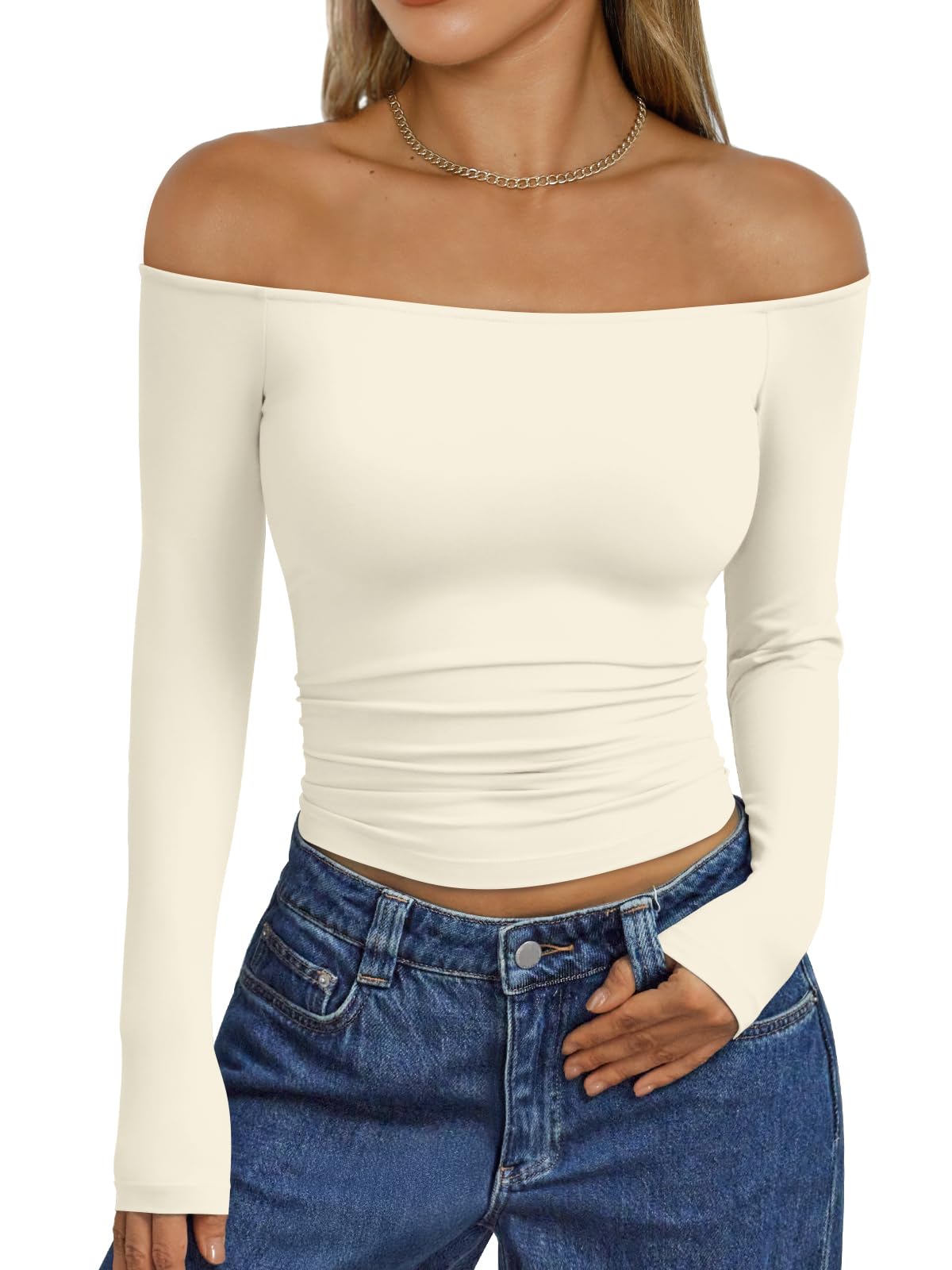 Trendy Queen Womens Long Sleeve Off The Shoulder Tops Going Out Cute Basic Y2K Fall Fashion 2026 Outfits Clothes
