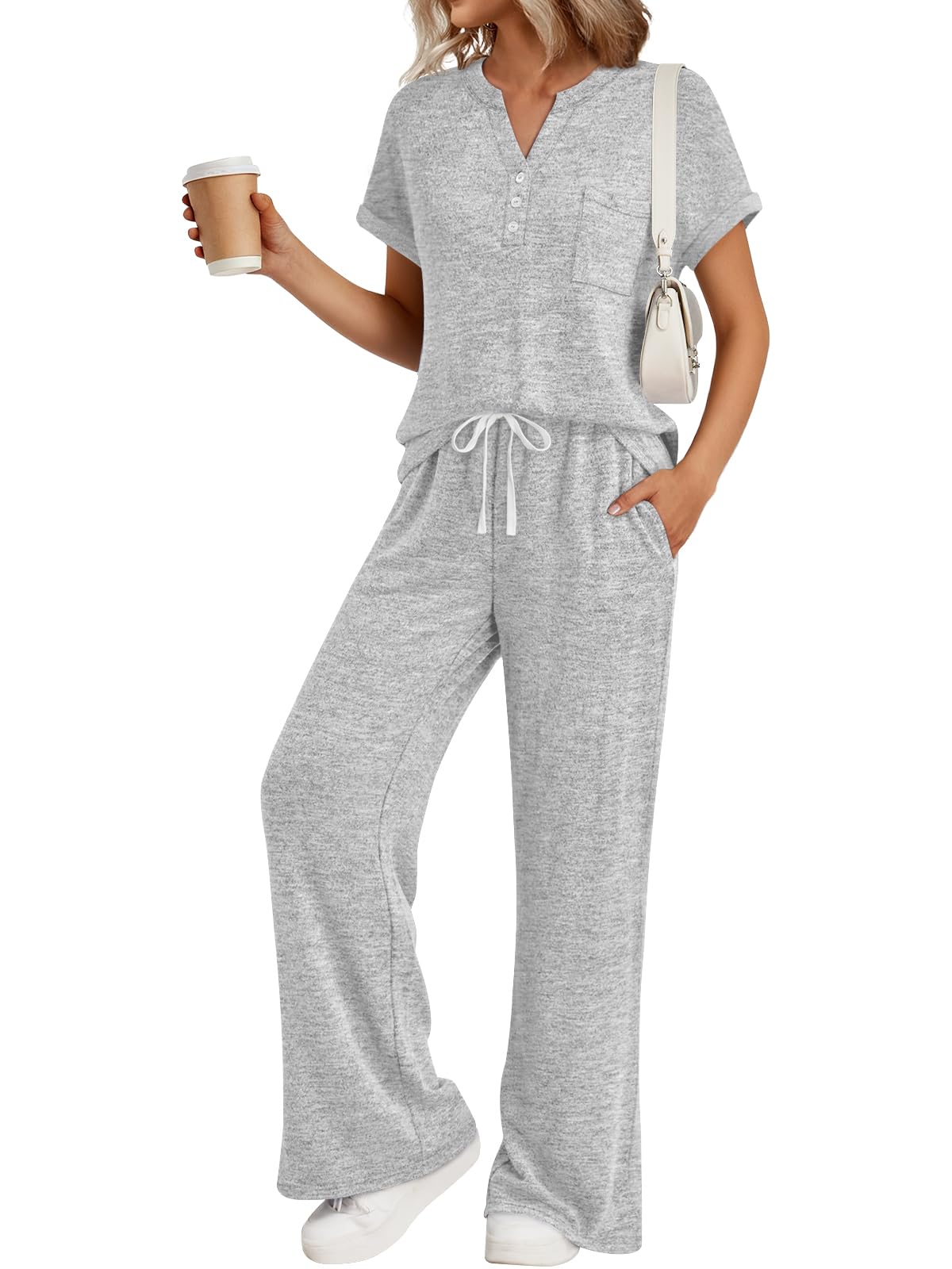 Trendy Queen 2 Piece Lounge Sets for Women Summer 2026 Henley Sweatsuit Travel Vacation Airport Outfits Pajamas Sets