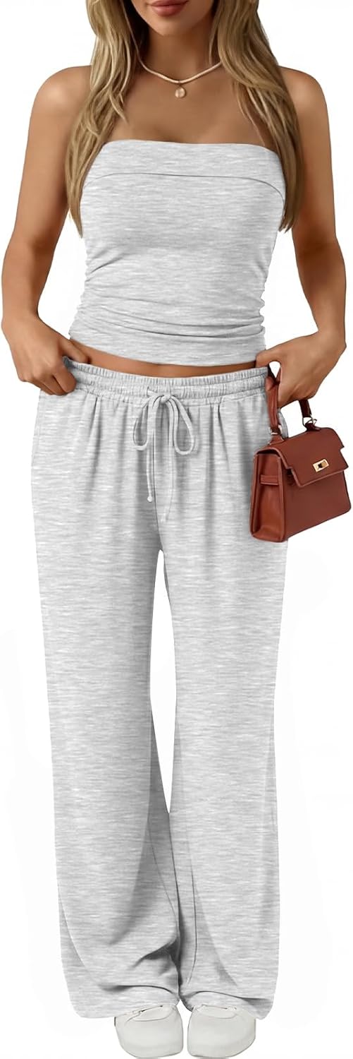 Trendy Queen 2 Piece Vacation Outfits for Women Summer Travel Outfits 2026 Spring Fashion Tube Tops Wide Leg Pants
