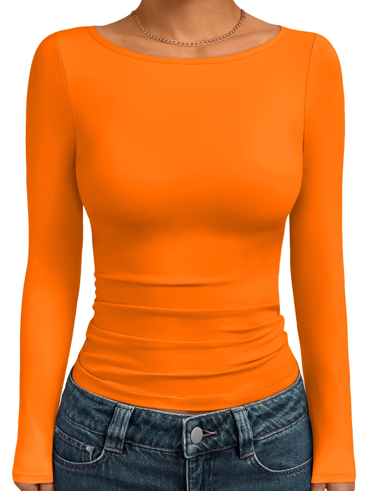 Trendy Queen Women's Boat Neck Tops Long Sleeve Shirts Fitted Fall Basic Clothes