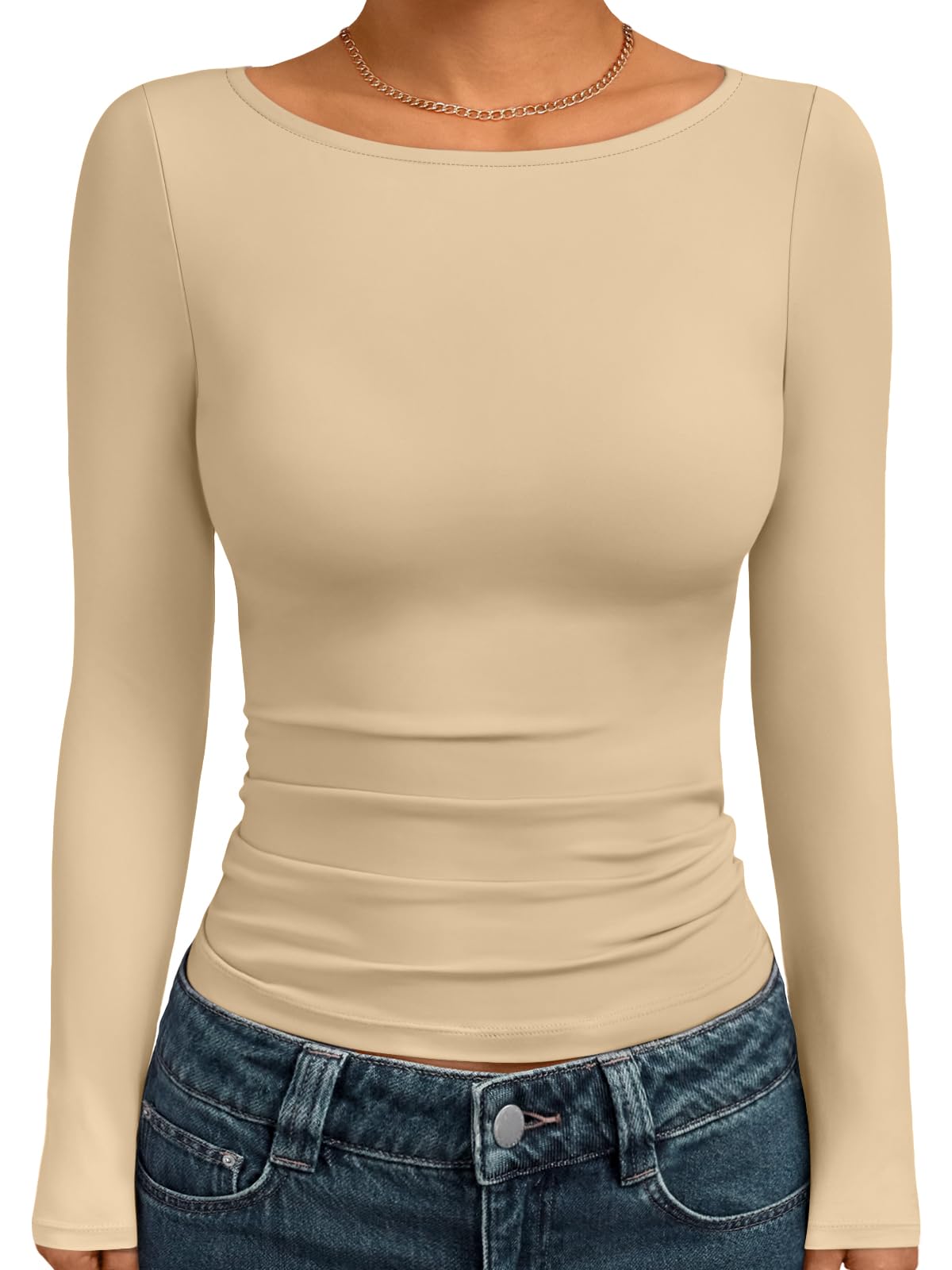 Trendy Queen Women's Boat Neck Tops Long Sleeve Shirts Fitted Fall Basic Clothes