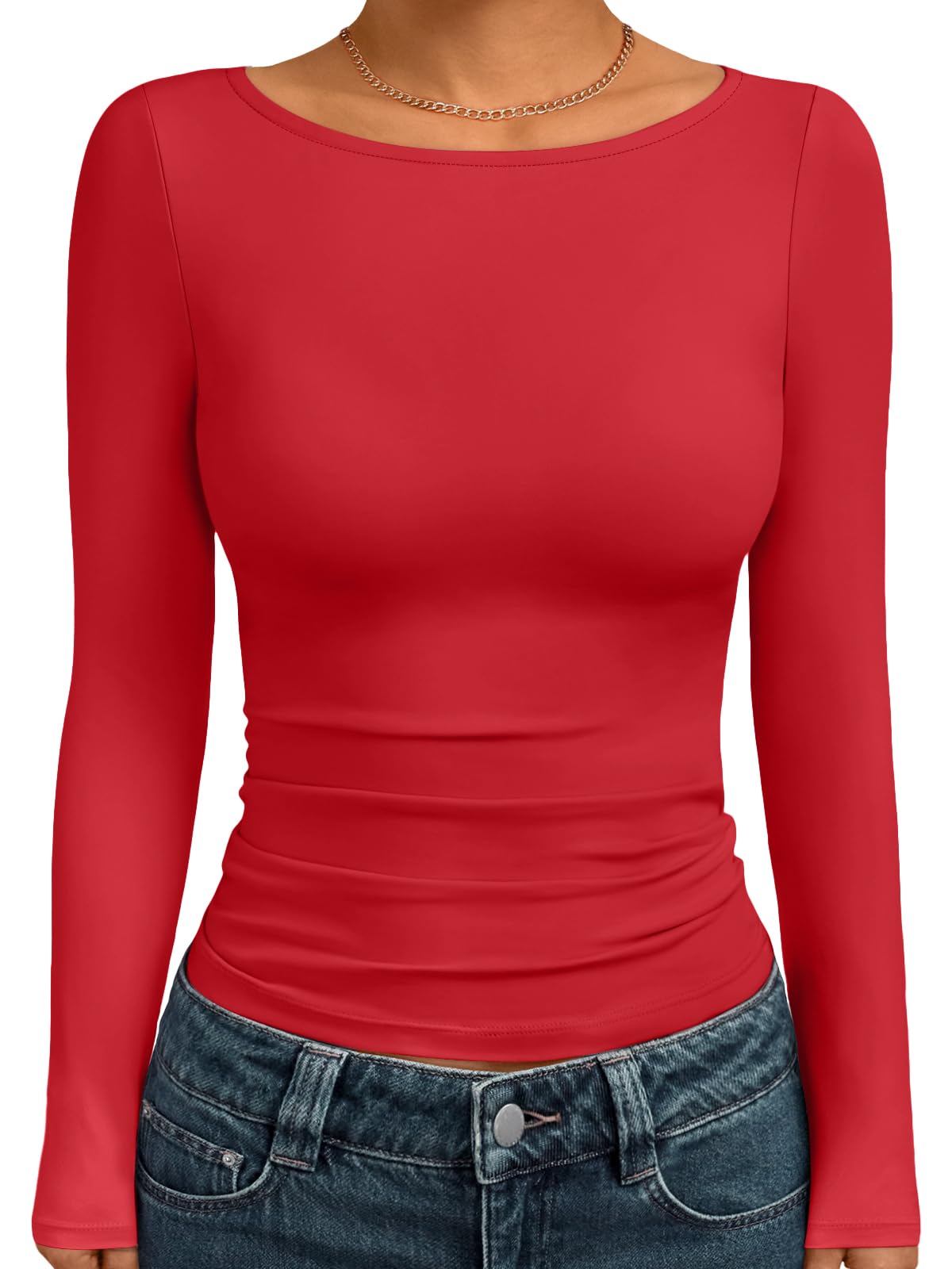 Trendy Queen Women's Boat Neck Tops Long Sleeve Shirts Fitted Fall Basic Clothes