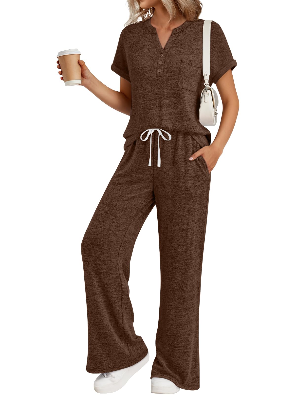 Trendy Queen 2 Piece Lounge Sets for Women Summer 2026 Henley Sweatsuit Travel Vacation Airport Outfits Pajamas Sets