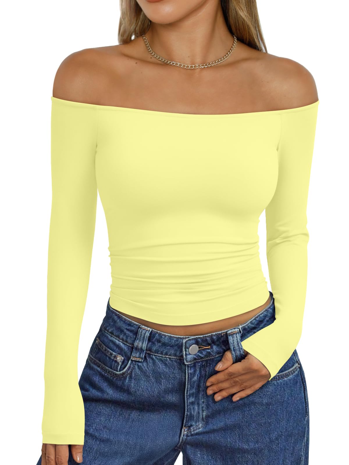 Trendy Queen Womens Long Sleeve Off The Shoulder Tops Going Out Cute Basic Y2K Fall Fashion 2026 Outfits Clothes