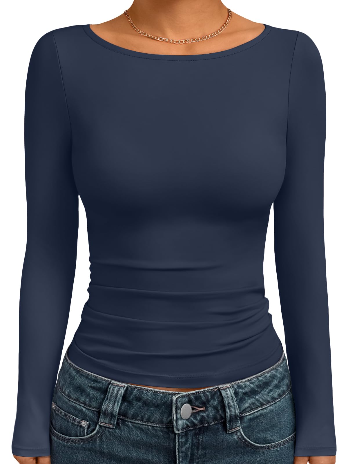 Trendy Queen Women's Boat Neck Tops Long Sleeve Shirts Fitted Fall Basic Clothes