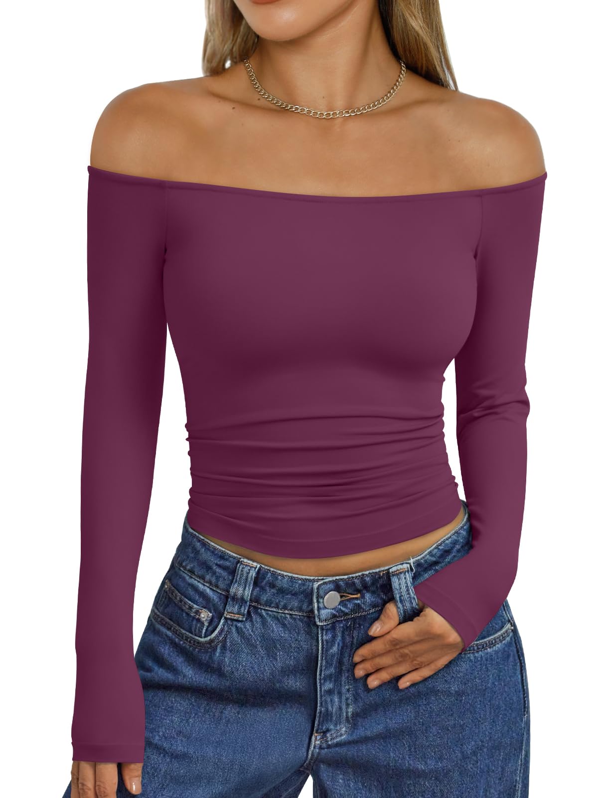 Trendy Queen Womens Long Sleeve Off The Shoulder Tops Going Out Cute Basic Y2K Fall Fashion 2026 Outfits Clothes