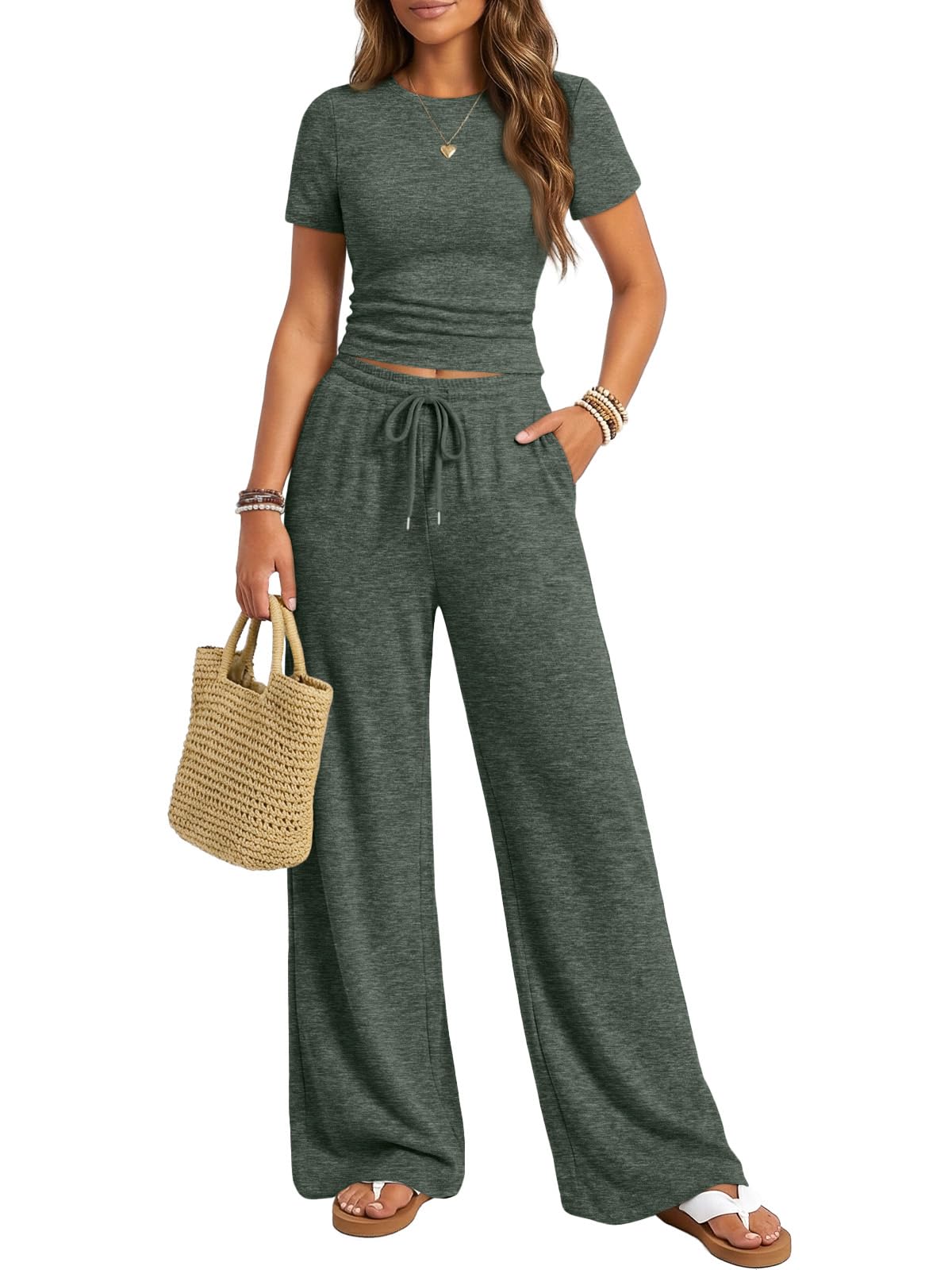 Trendy Queen Womens 2 Piece Lounge Matching Sets Wide Leg Pants Crew Neck Short Sleeve Shirt Sweatsuits
