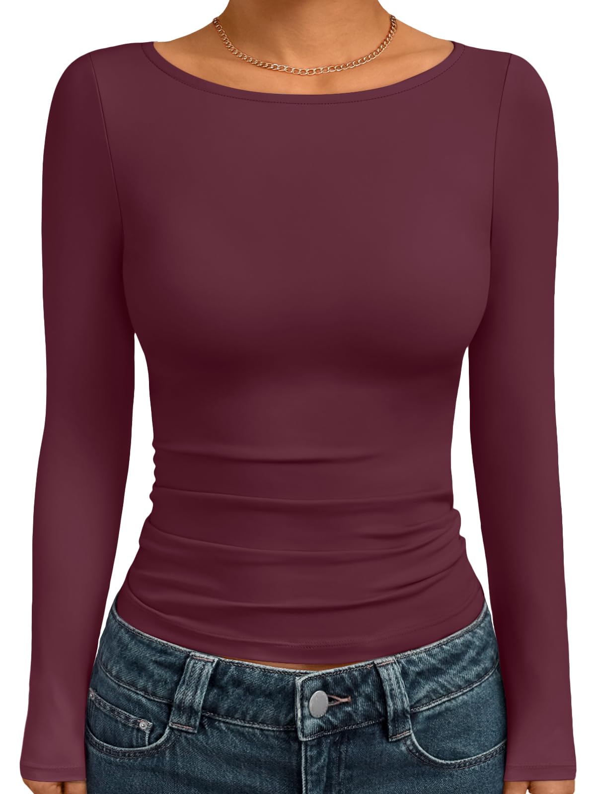 Trendy Queen Women's Boat Neck Tops Long Sleeve Shirts Fitted Fall Basic Clothes