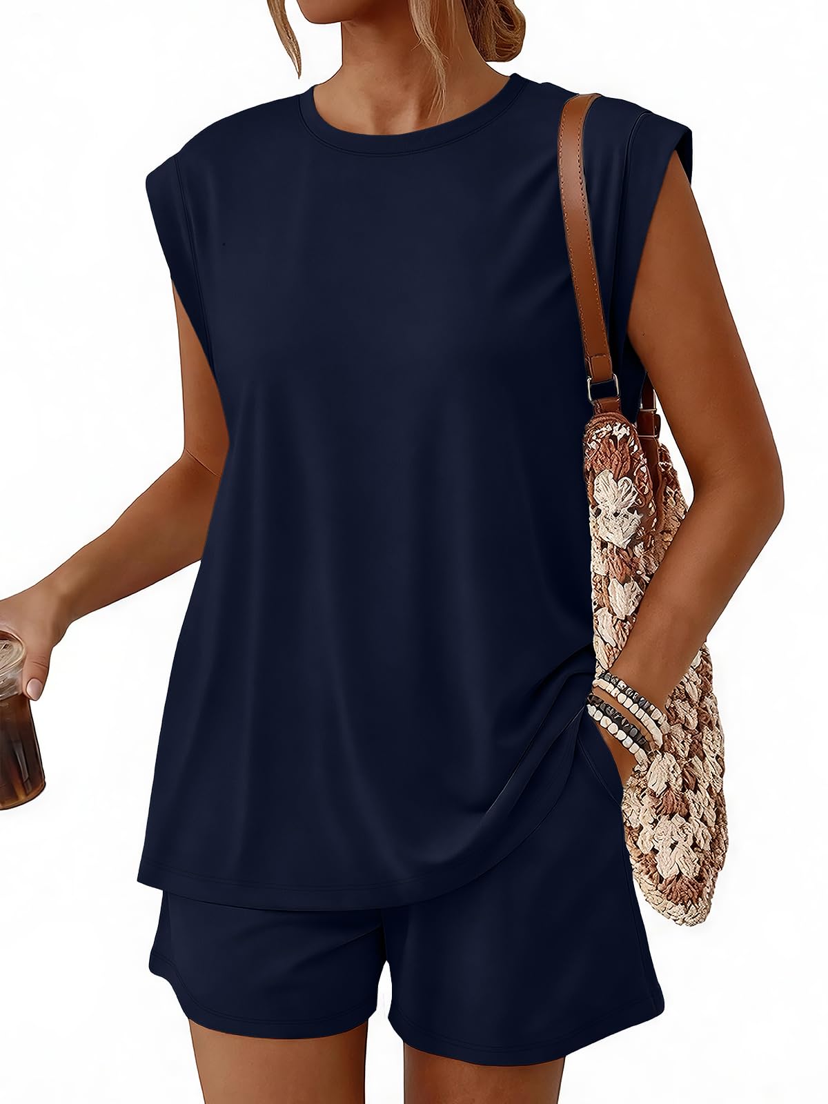 Trendy Queen 2 Piece Short Sets for Women Summer Matching Lounge Sets Cap Sleeve Tops & Loose Fit Shorts with Pockets
