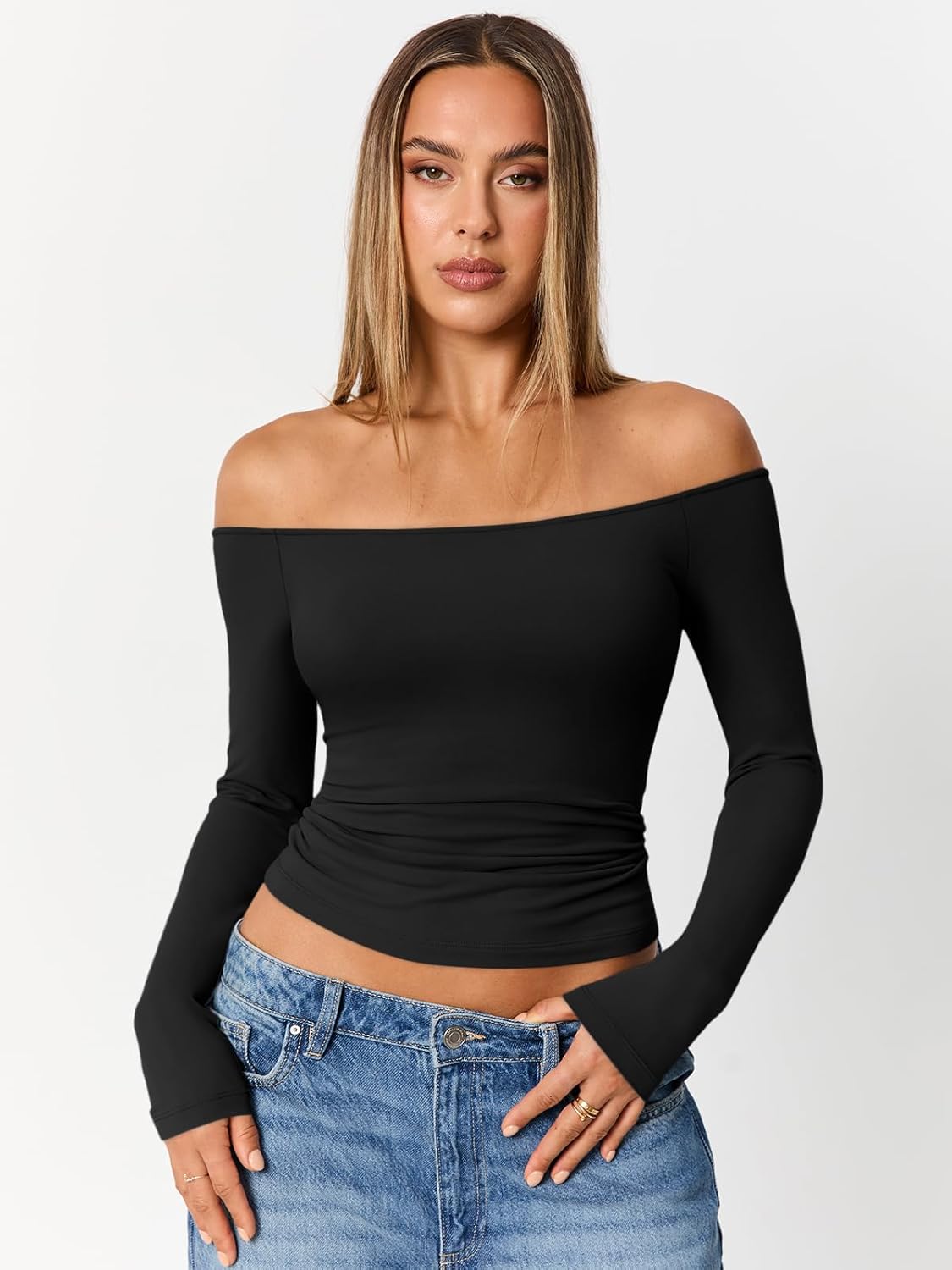 Trendy Queen Womens Long Sleeve Off The Shoulder Tops Going Out Cute Basic Y2K Fall Fashion 2026 Outfits Clothes