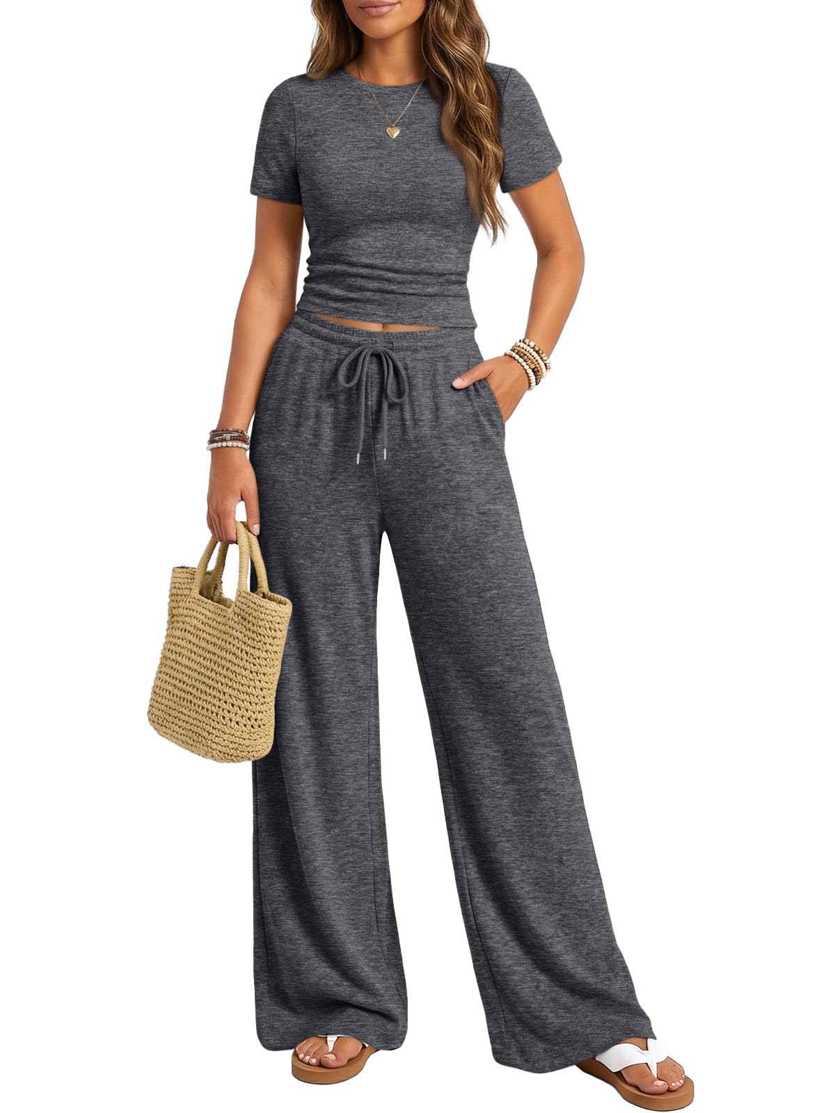 Trendy Queen Womens 2 Piece Lounge Matching Sets Wide Leg Pants Crew Neck Short Sleeve Shirt Sweatsuits