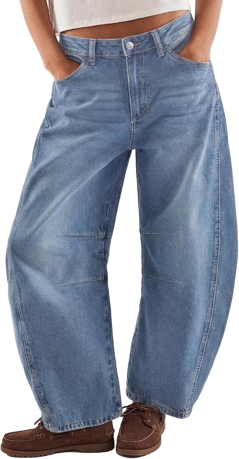 Trendy Queen Women‘s Barrel Jeans - Wide Leg & High Waisted Denim Pants with Curved Hem and Slant Pockets