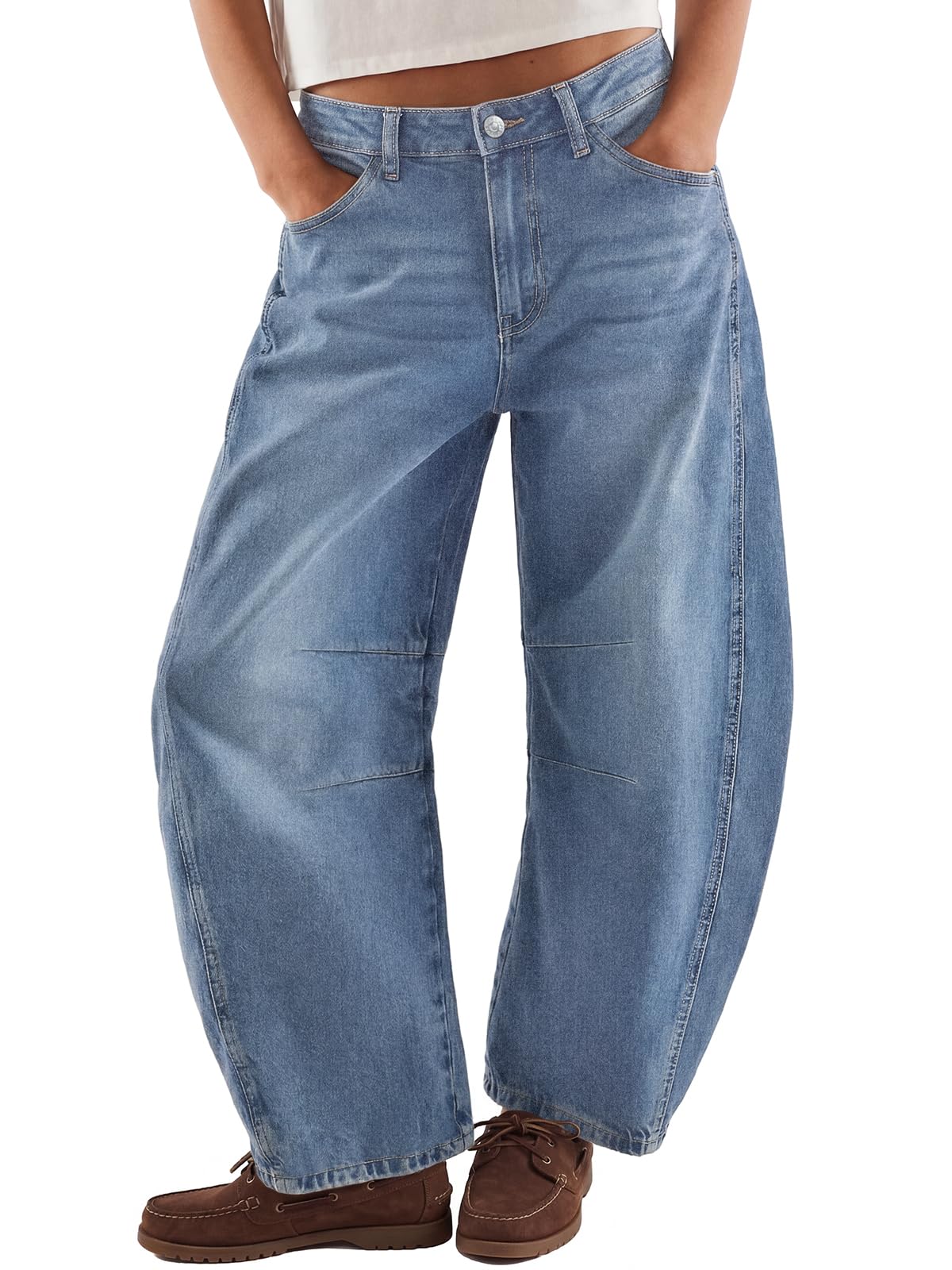 Trendy Queen Women‘s Barrel Jeans - Wide Leg & High Waisted Denim Pants with Curved Hem and Slant Pockets