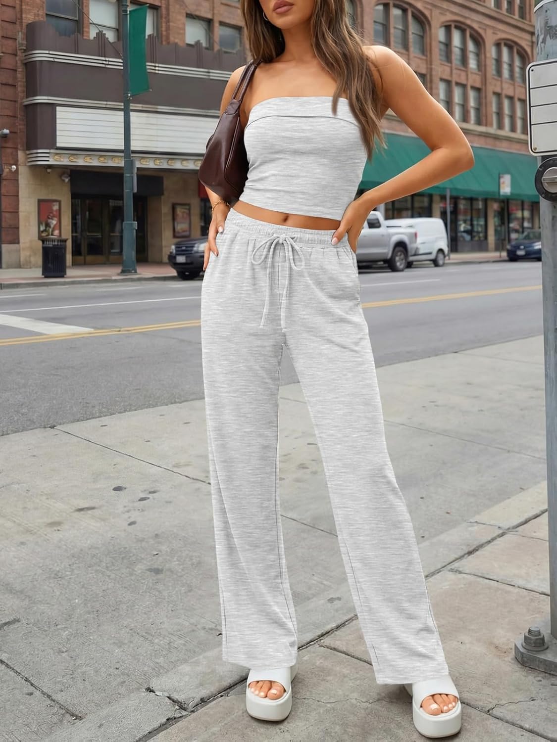 Trendy Queen 2 Piece Vacation Outfits for Women Summer Travel Outfits 2026 Spring Fashion Tube Tops Wide Leg Pants