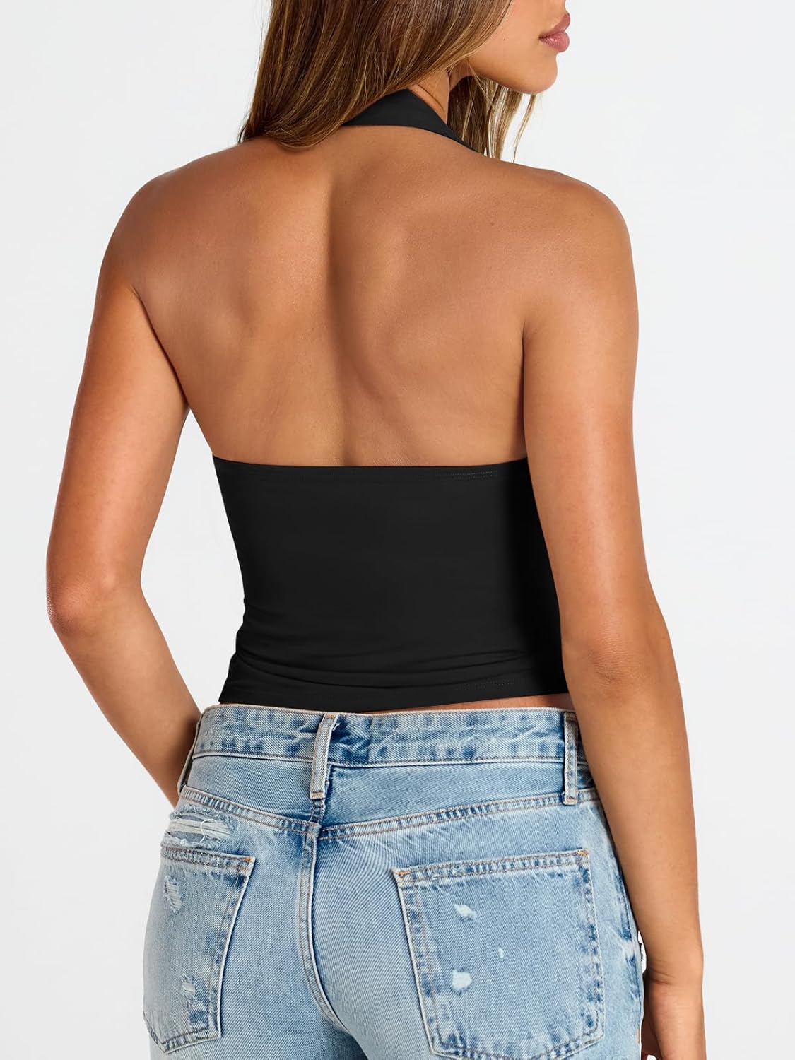 Trendy Queen Double Lined Halter Top for Women Open Back Backless Deep V Neck Crop Top Summer Teen Going Out Party Clubbing
